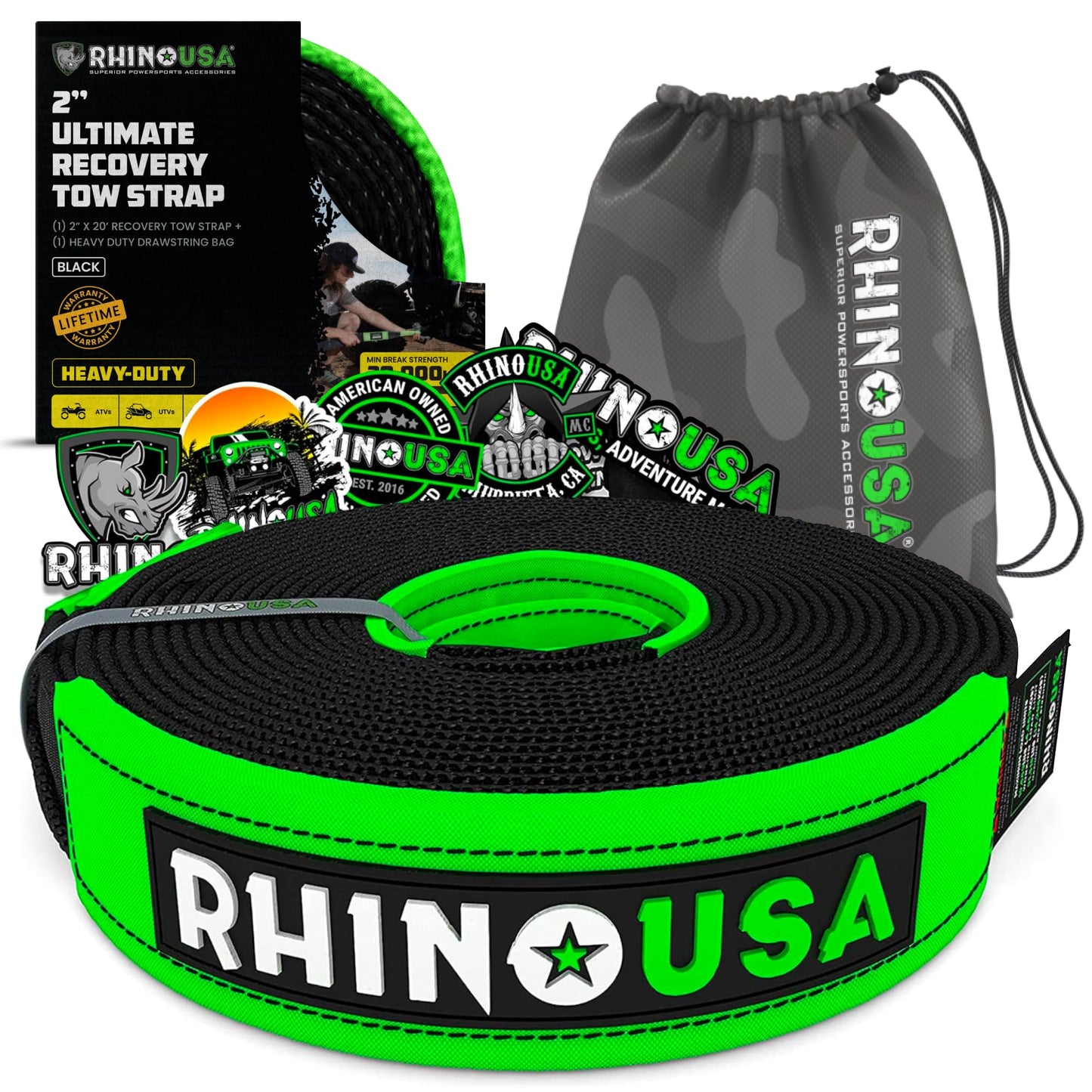 Rhino USA Recovery Tow Strap (3" x 20') - 31,518lb Break Strength - Emergency Recovery Strap Tow Rope for Truck, UTV, ATV & More - Heavy Duty Towing Strap for Offroad 4x4 Use - Compatible with Jeep