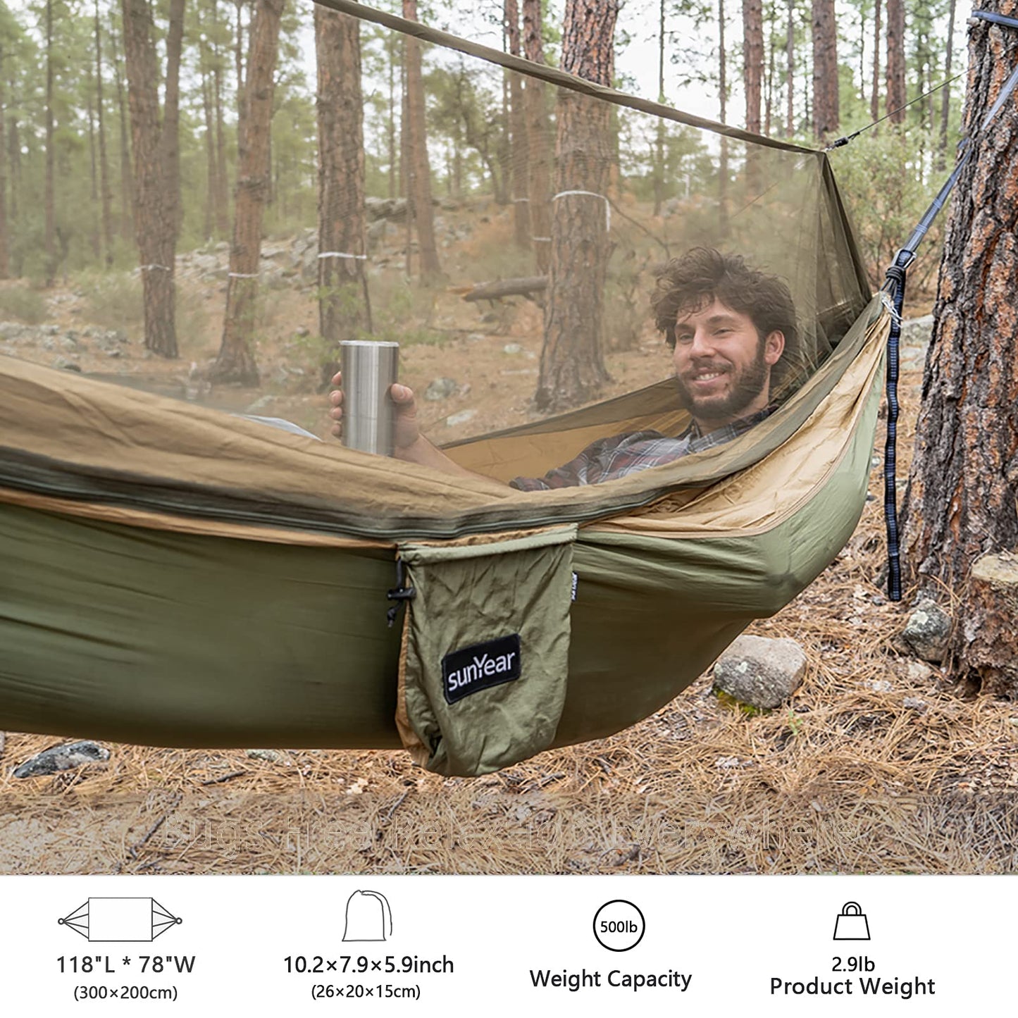 Sunyear Hammock Camping with Rain Fly Tarp and Net, Portable Camping Hammock Double Tree Hammock Outdoor Indoor Backpacking Travel & Survival, 2 Tree Straps,100% Waterproof