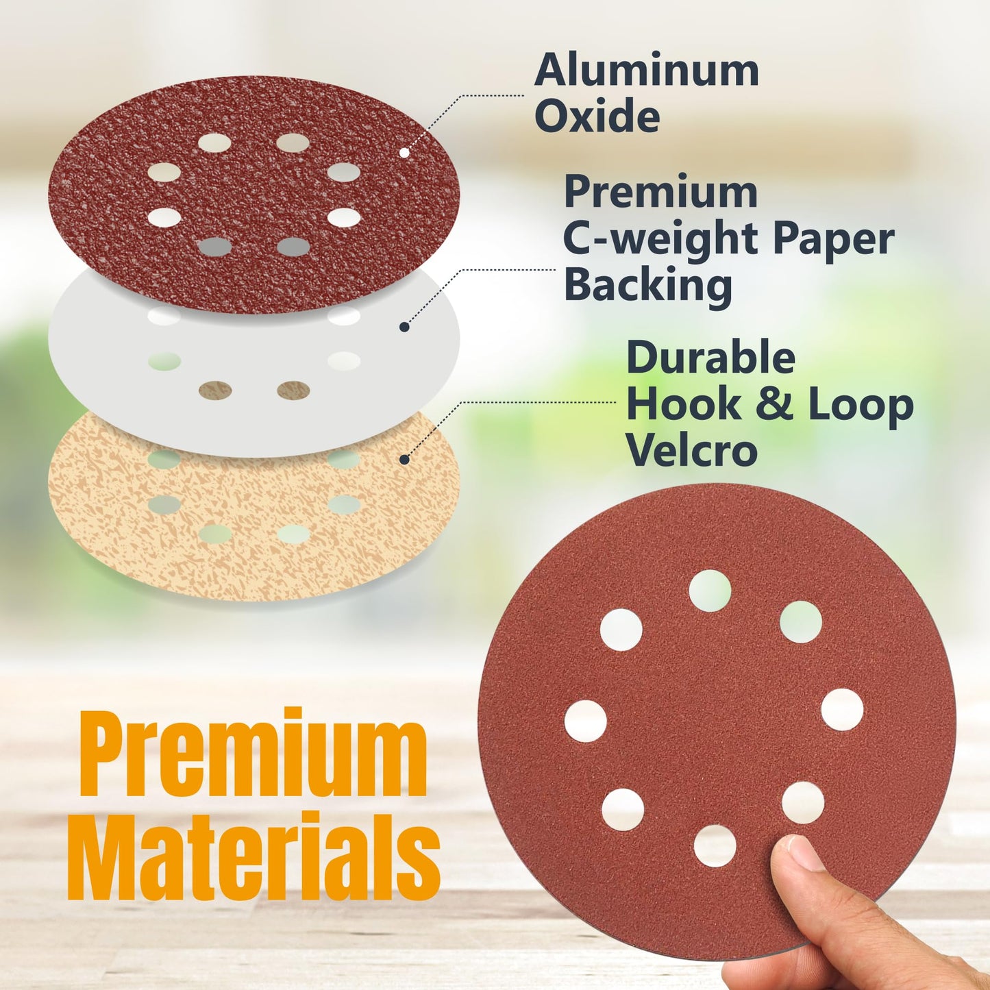 POWERTEC 100PK, 40/80/120/220/320 Grits, 5 Inch 8 Hole Hook and Loop Sanding Discs, Aluminum Oxide Sandpaper Discs, Woodworking Sanding Pads for Random Orbital, Palm, Air & Pneumatic Sander (45000)