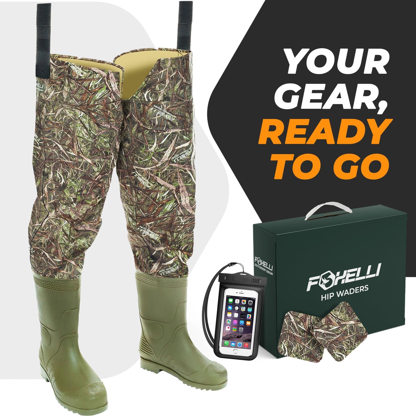 Foxelli Hip Waders – Waterproof Camo Hip Waders for Men & Women with Boots, Lightweight Wading Hip Boots for Fishing & Hunting