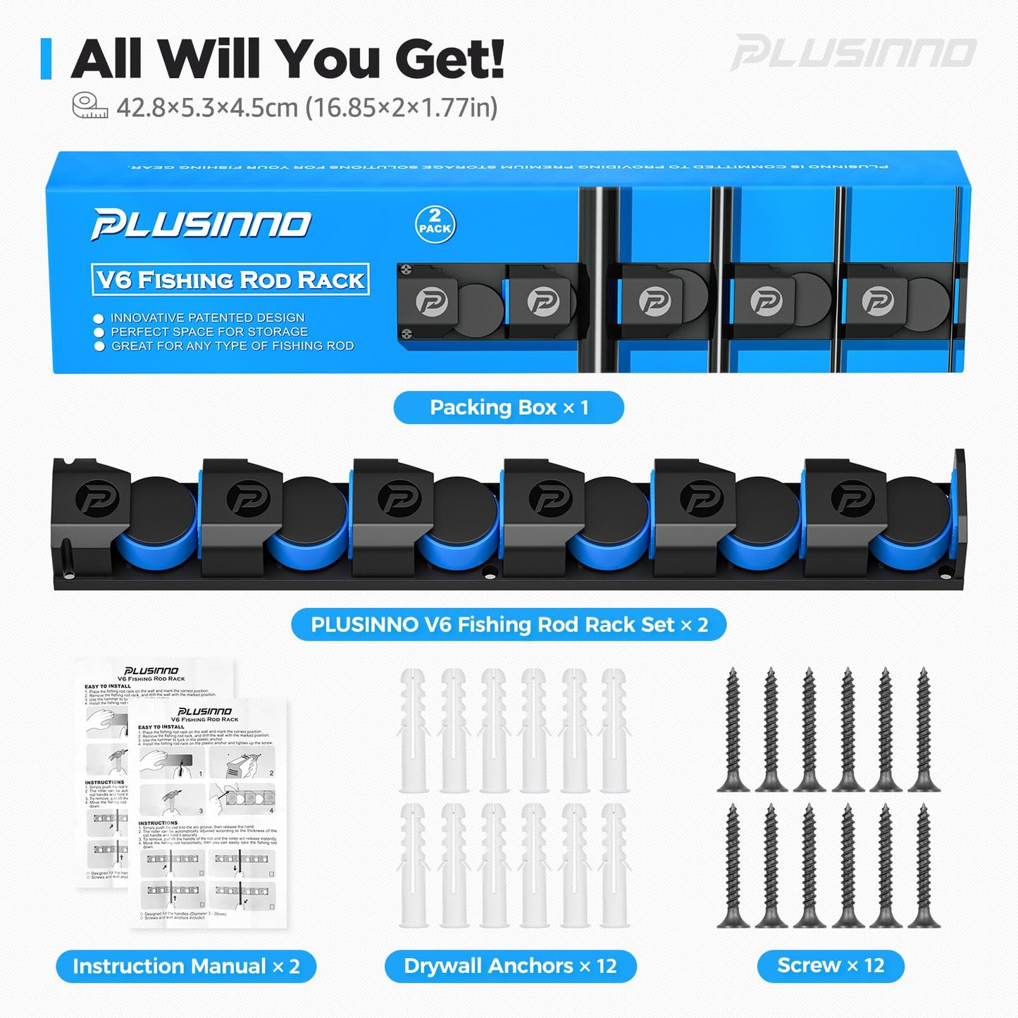 PLUSINNO Vertical Fishing Rod Holder, Wall Mounted Fishing Rod Rack, Fishing Pole Holder Holds Up to 9 Rods or Combos, Fishing Rod Holders for Garage, Fits Most Rods of Diameter 3-19mm