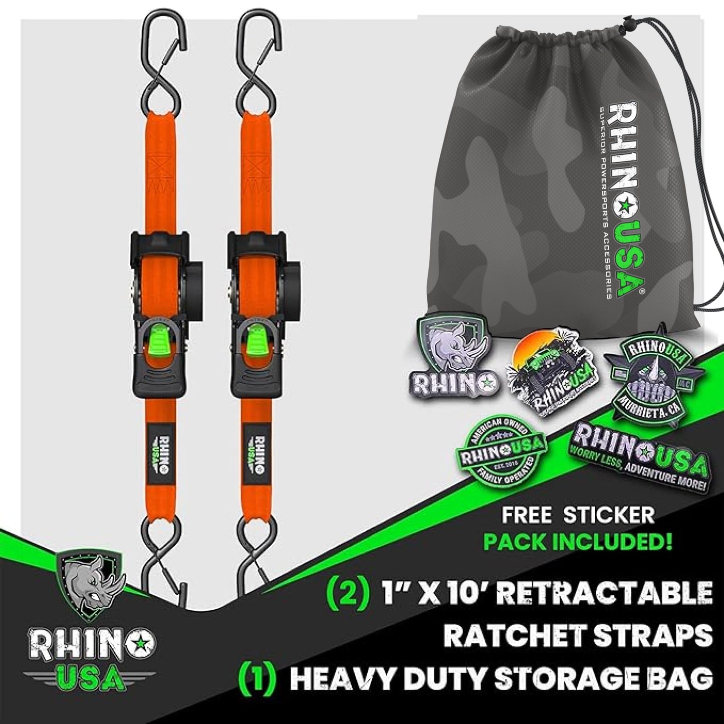 Rhino USA Retractable Ratchet Straps (4-Pack) - 1 Inch x 10 Feet (1,209lb Break Strength) - Heavy Duty Auto Self Retracting Tie Down Straps for Truck, Cargo Trailer, Motorcycle, Rad & More - Black