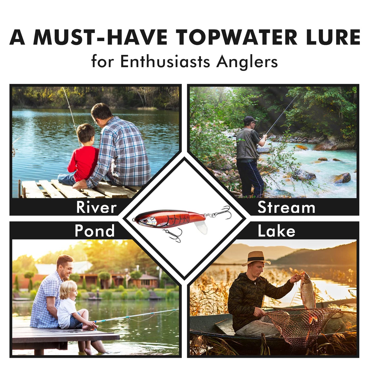 TRUSCEND PoPobait Plopper with BKK Hooks, Top Water Fishing Lures for Bass Walleye Pike Catfish Musky Perch, Floating Lure for Freshwater or Saltwater, Amazing Teasers Fishing Gifts for Family Fishing