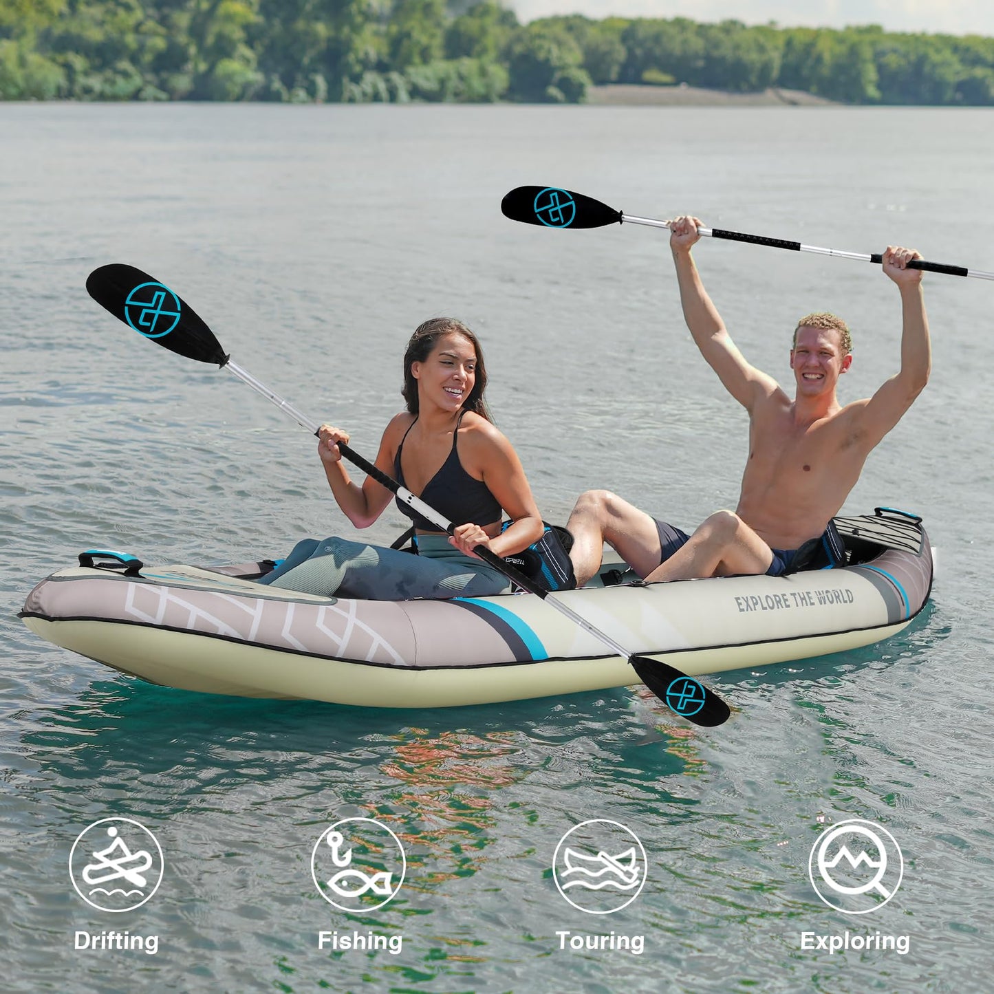 UPWELL 13'6”/11' Inflatable Recreational Kayak - 2 Person with Drop Stitch Floor and Accessories Including Kayak Seats with High Back Support, Paddle, Fin, Repair Kits, Carry Bag and Hand Pump