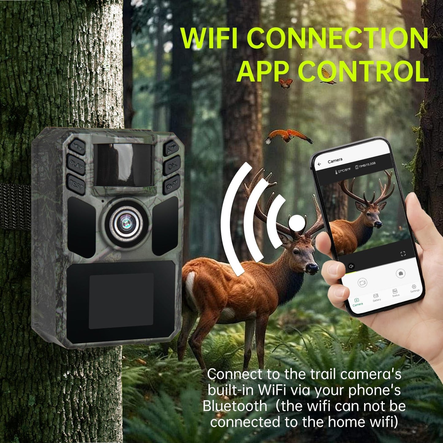 FKPCAM Trail Camera 4K 64MP Solar WiFi Game Hunting Camera with Night Visionâ Built-in 5000mAh Battery, IP67 Waterproof, Motion Activated, 64GB Memory Card
