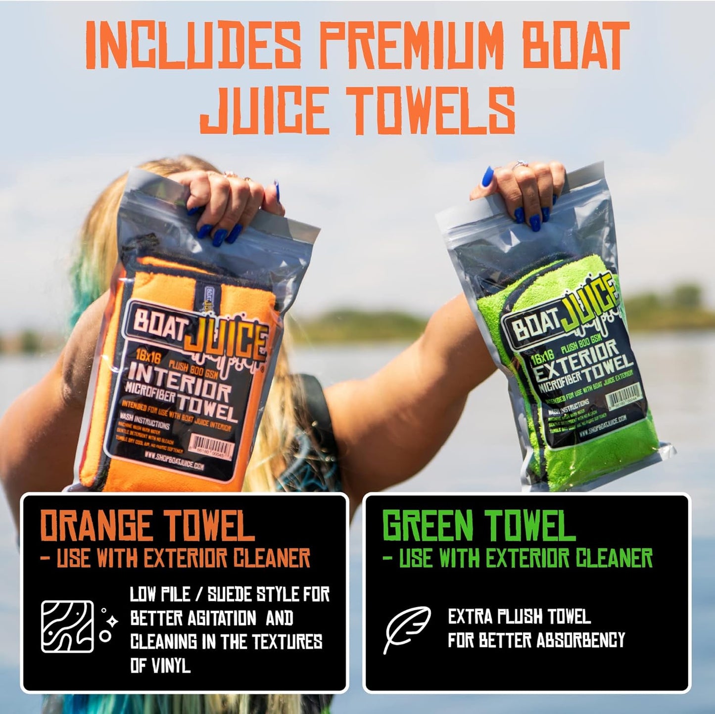 Boat Juice Necessity Boat Cleaner Kit | Exterior Water Spot Remover, Interior Seat & Vinyl Cleaner, 2 Microfiber Towels | Boat Cleaning & Detailing Kit, Marine Accessories | Made in USA (Kit)