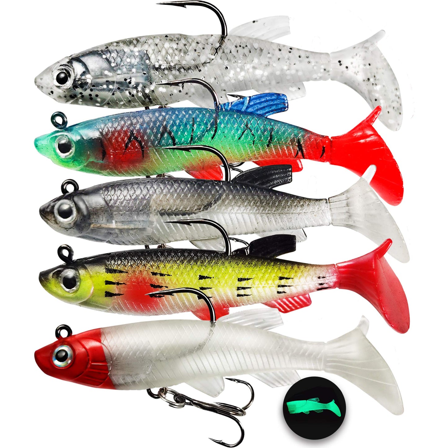 Soft Fishing Lures Shad Minnow Swimbaits, Pre-Rigged Jig Heads Paddle Tail Swim Baits for Bass, Trout, Walleye, Crappie, Sinking Jigs Bait for Saltwater Freshwater, Fishing Gifts for Men