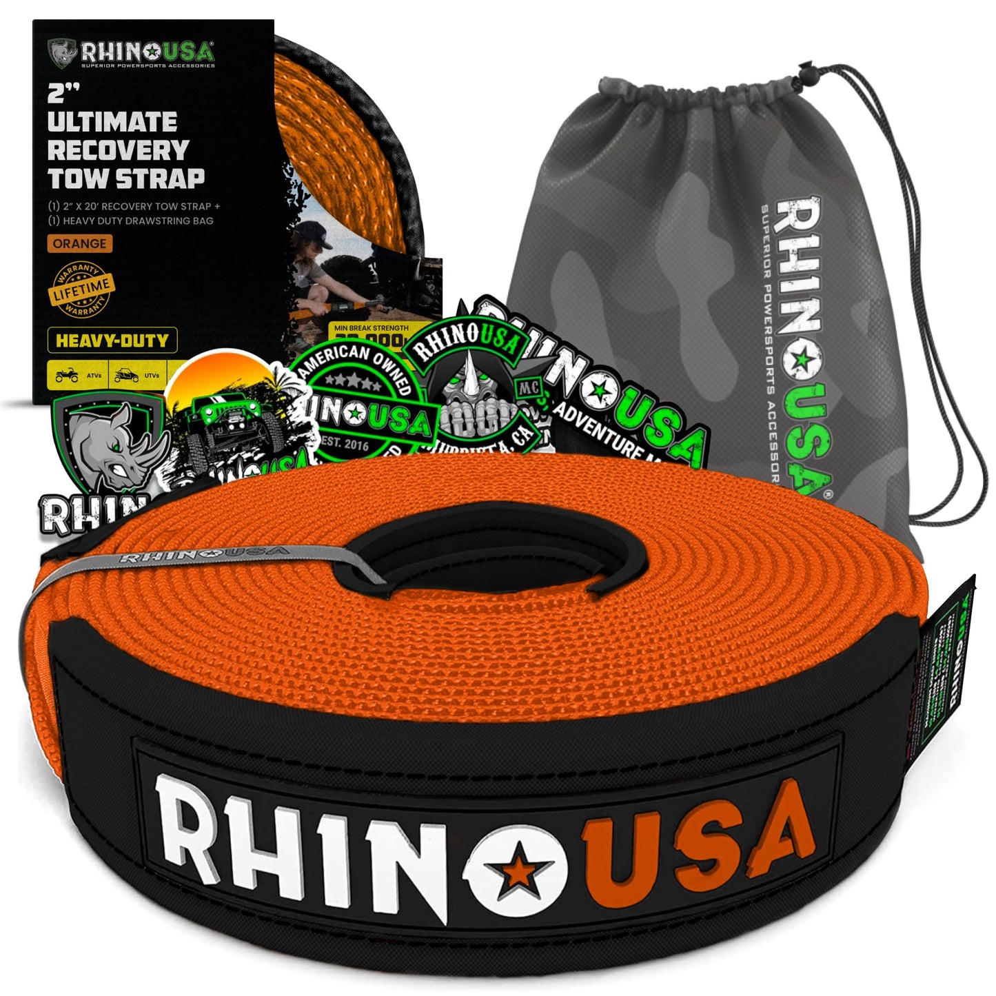 Rhino USA Recovery Tow Strap (3" x 20') - 31,518lb Break Strength - Emergency Recovery Strap Tow Rope for Truck, UTV, ATV & More - Heavy Duty Towing Strap for Offroad 4x4 Use - Compatible with Jeep