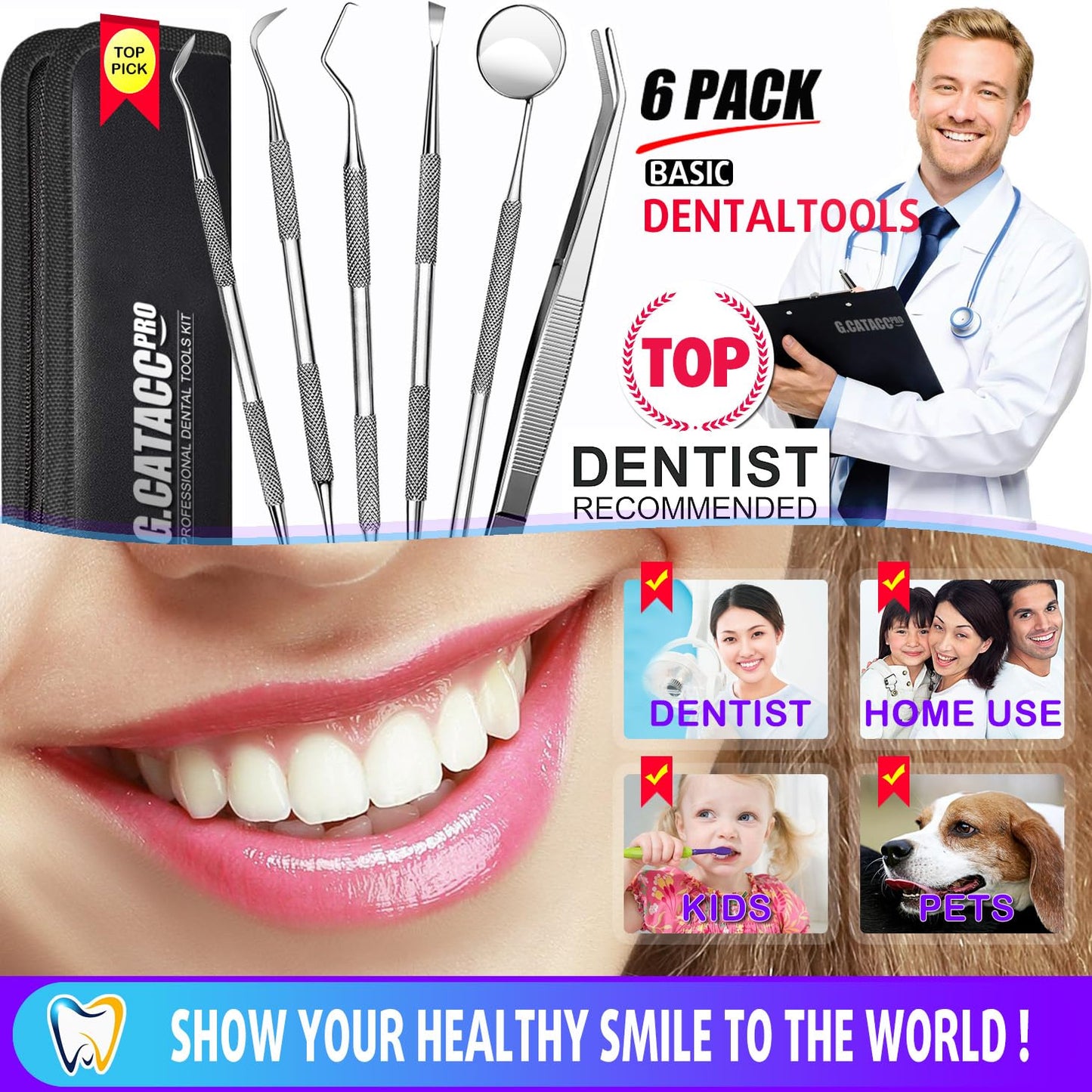 G.CATACC Dental Tools, Dental Pick Teeth Cleaning Tools Hygiene Kit, Plaque Remover for Teeth, Professional Stainless Steel Tooth Scraper Plaque Tartar Cleaner - with Case