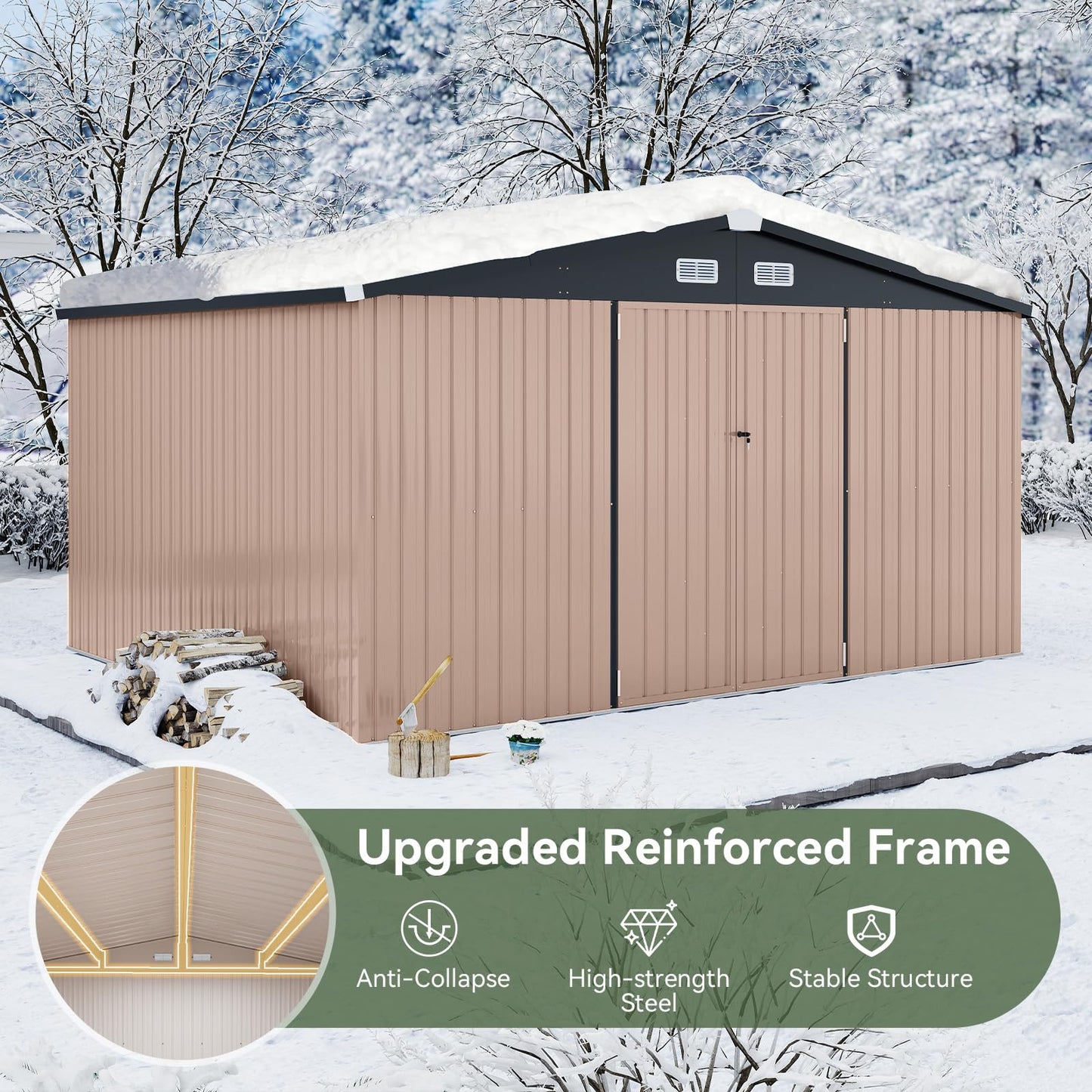 Aoxun 12x10 FT Shed Metal Outdoor Waterproof Storage Shed Steel Utility Garden Tool Shed with Door & Lock Outdoor Storage for Garden Patio Lawn Poolside, Brown