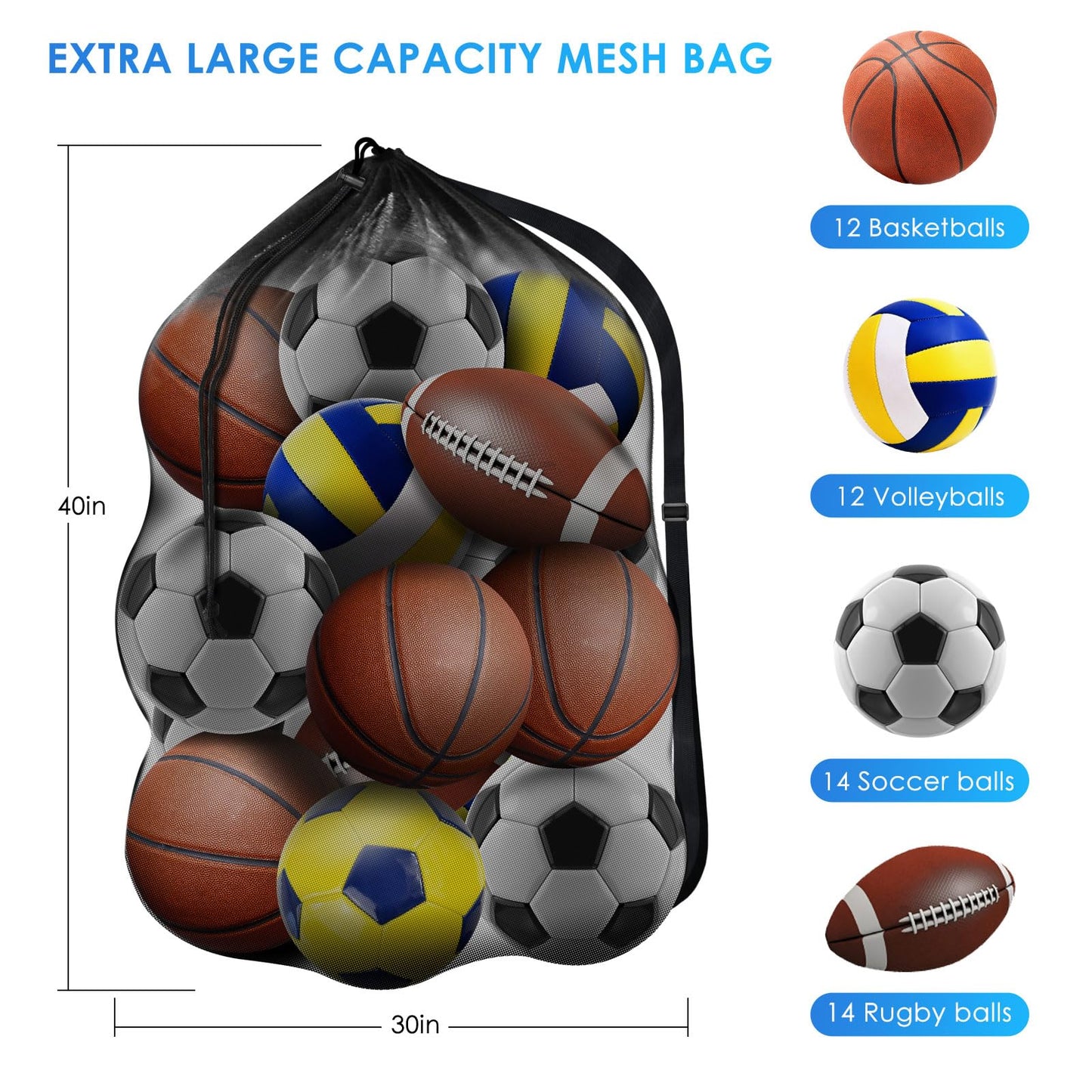 BROTOU Extra Large Sports Ball Bag Mesh, Basketball Bags Team Balls, Adjustable Shoulder Strap, Team Work Ball Bags for Holding Soccer, Football, Volleyball, Swimming Gear (30” x 40”) (1PCS)