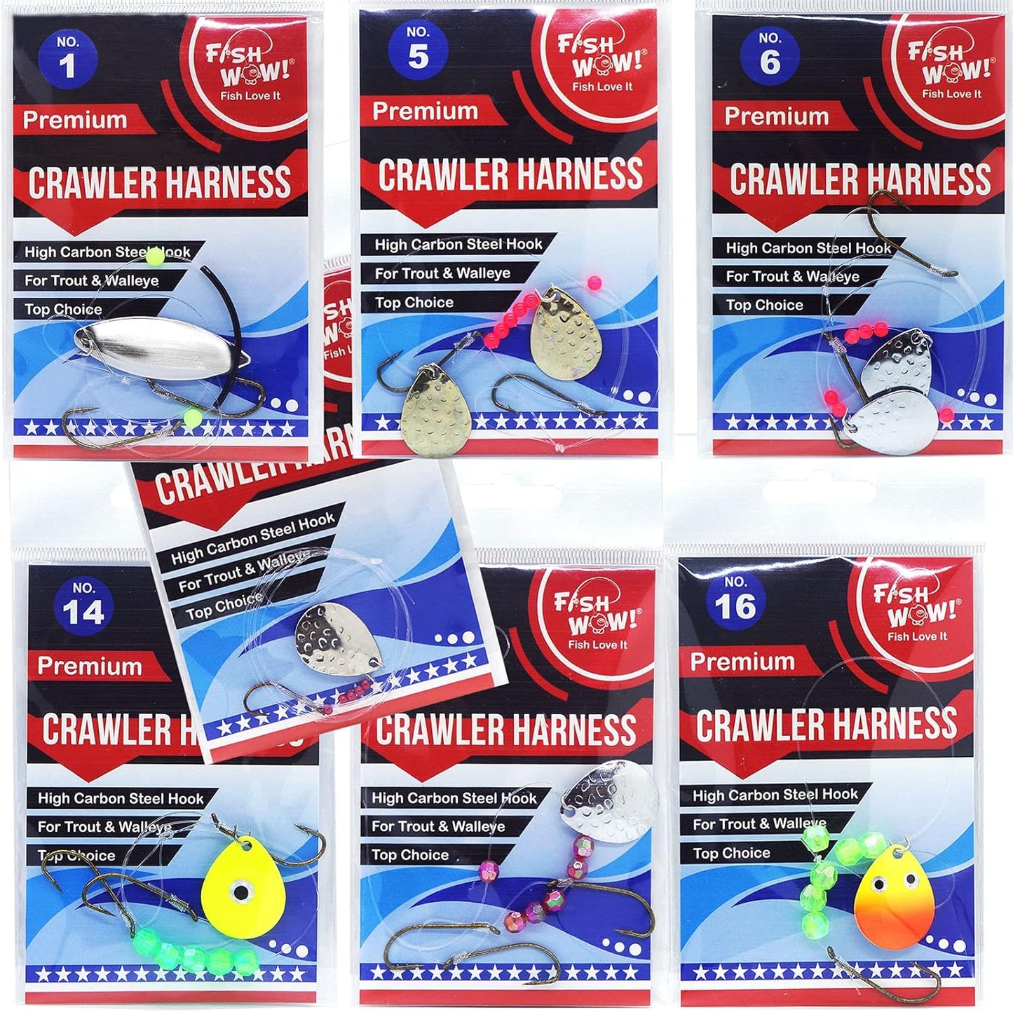 14 Packs 7 Styles Crawler Harness Walleye Spinner Rig 1-Hook, 2-Hook, 3-Hook