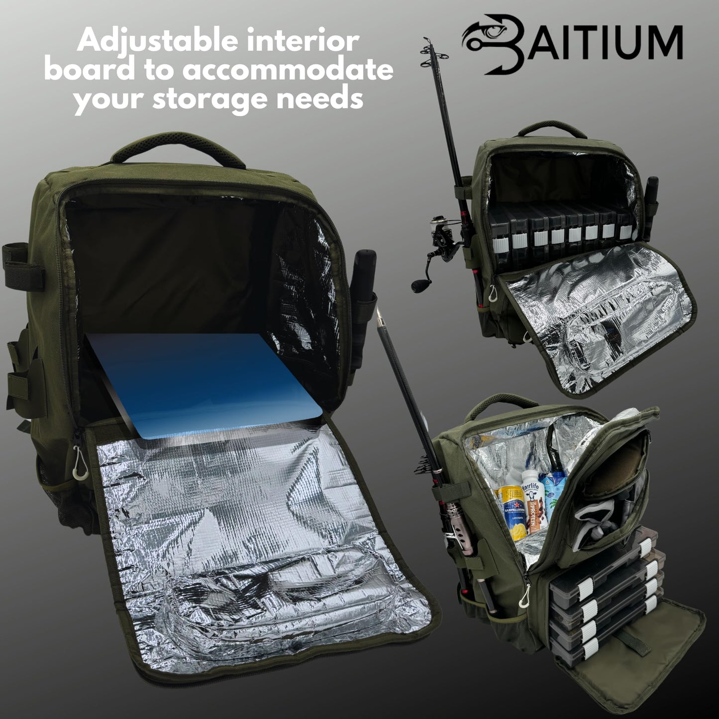 Fishing Backpack, Tackle Bag With Rod Holders, 40L Capacity With Cooler, Rain Cover, Insulated Pocket, 4 Tackle Trays Included- (Green)