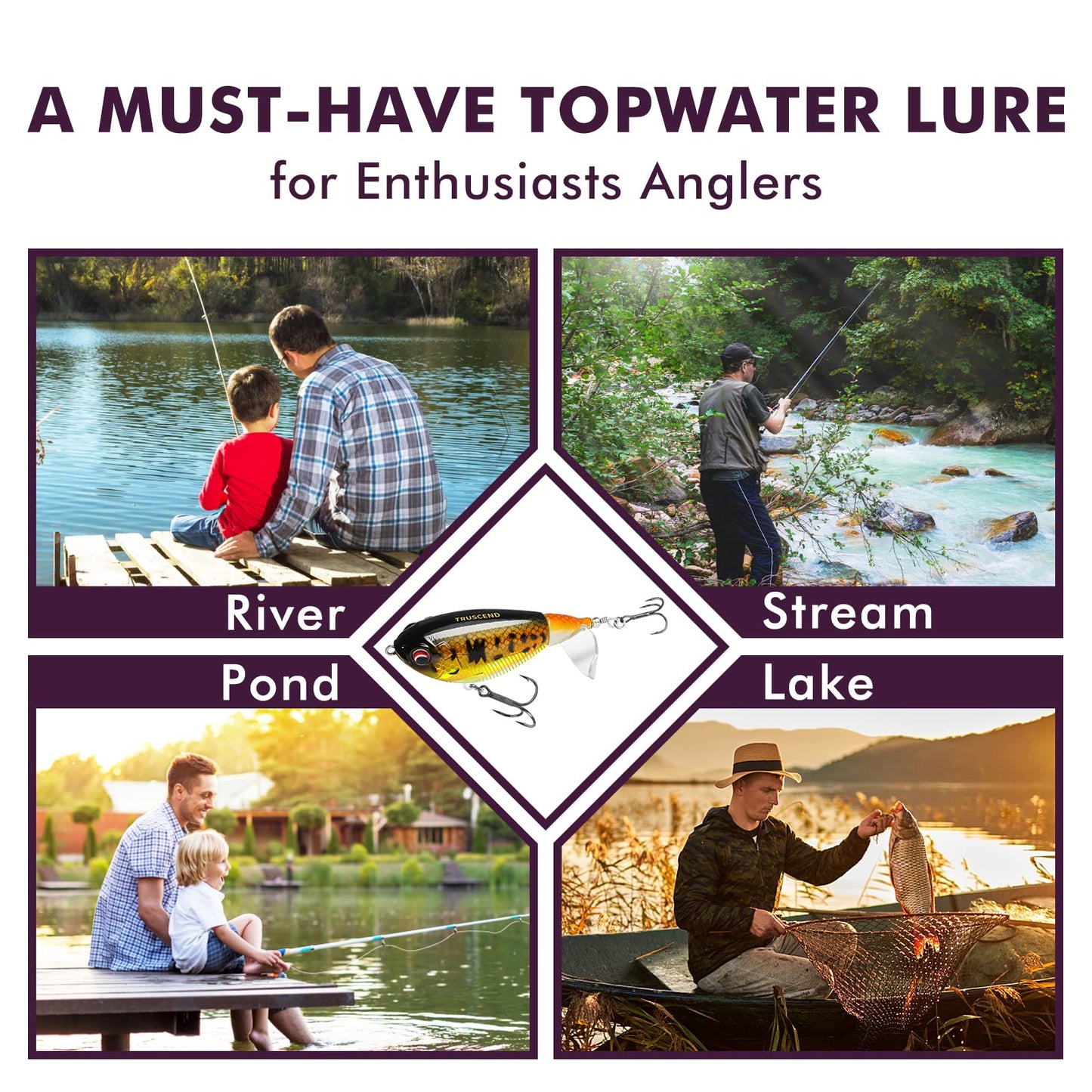 TRUSCEND PoPobait Plopper with BKK Hooks, Top Water Fishing Lures for Bass Walleye Pike Catfish Musky Perch, Floating Lure for Freshwater or Saltwater, Amazing Teasers Fishing Gifts for Family Fishing