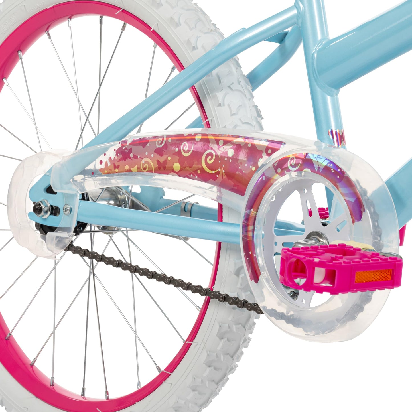 Huffy Illuminate 20” Girl’s Bike, Sky Blue Frame with Butterfly Graphics, Kickstand Included, Streamers and Chain Guard, White Tires and Pink Rims