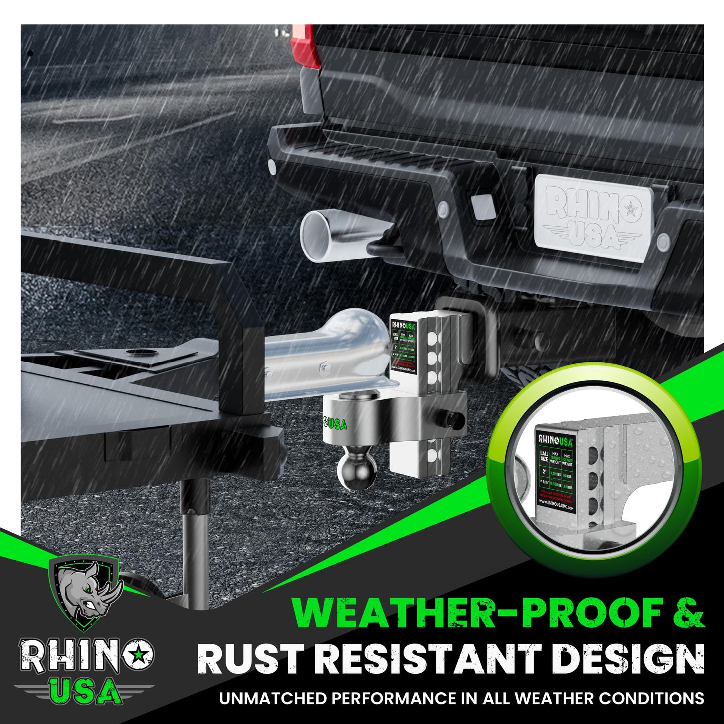 Rhino USA Adjustable Trailer Hitch (Fits 2-Inch Receiver) - Heavy Duty Aluminum Tow Hitches with 6-Inch Drop/Rise for Truck (12,500 LBS GTW) - Weatherproof Double Anti-Theft Locking Hitch Pins (Black)
