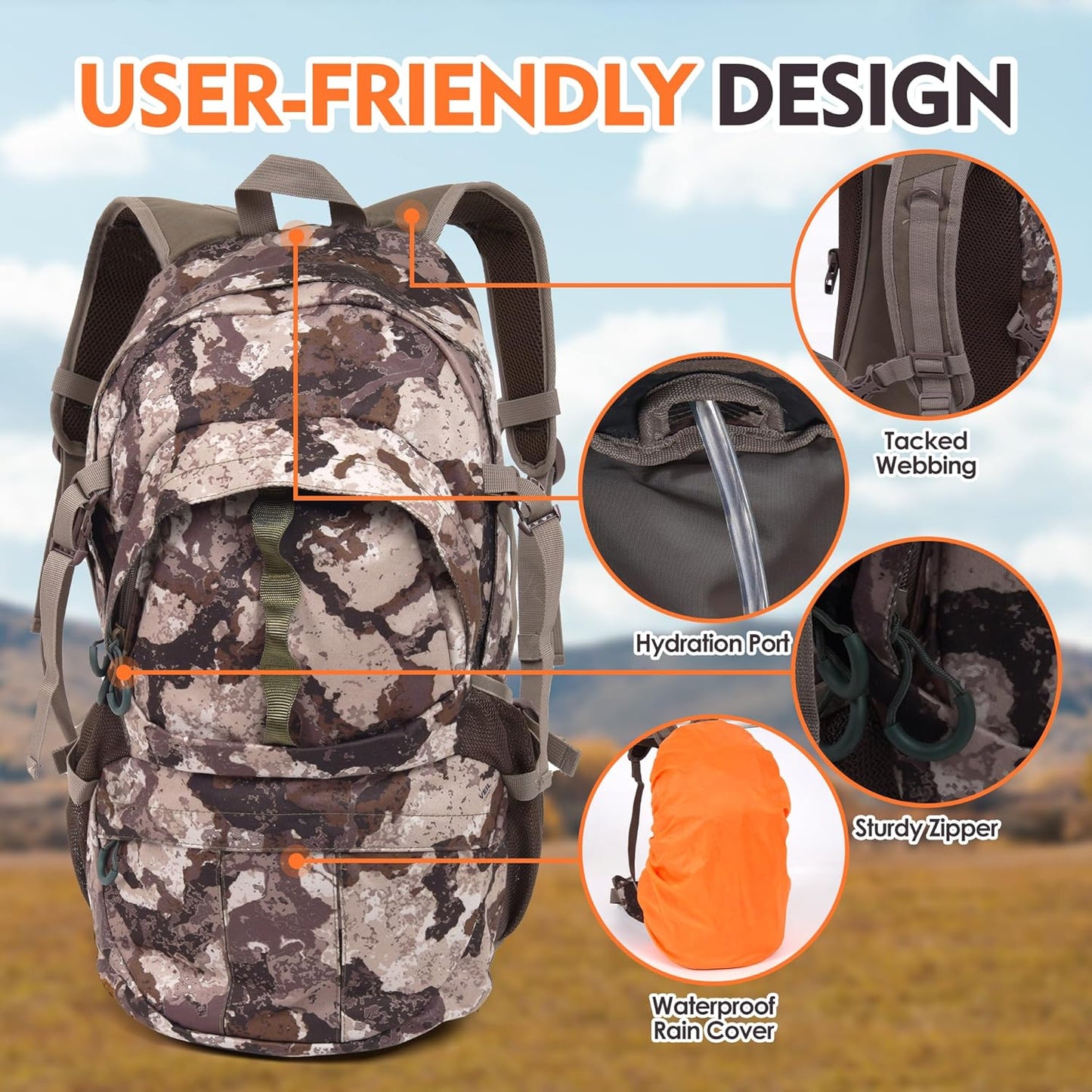 Hunting Backpack, 38L Camouflage Hunting Backpack with Waterproof Rain Cover, Durable Large Capacity Hunting Day Pack for Hiking, Fishing, Shooting