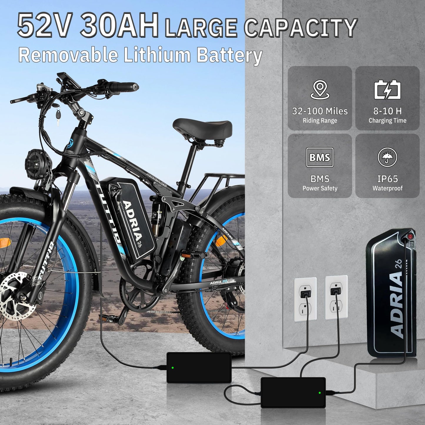 Peak 5000W-Electric-Bike for Adults-Men, Dual-Motor-Ebike 40-46MPH-Hunting-Ebike, 52V 30AH Long Range Dirtbike, 26" Fat-Tire-Electric-Bicycle, Full Suspension Mountain Bike for Off-Road Snow Sand