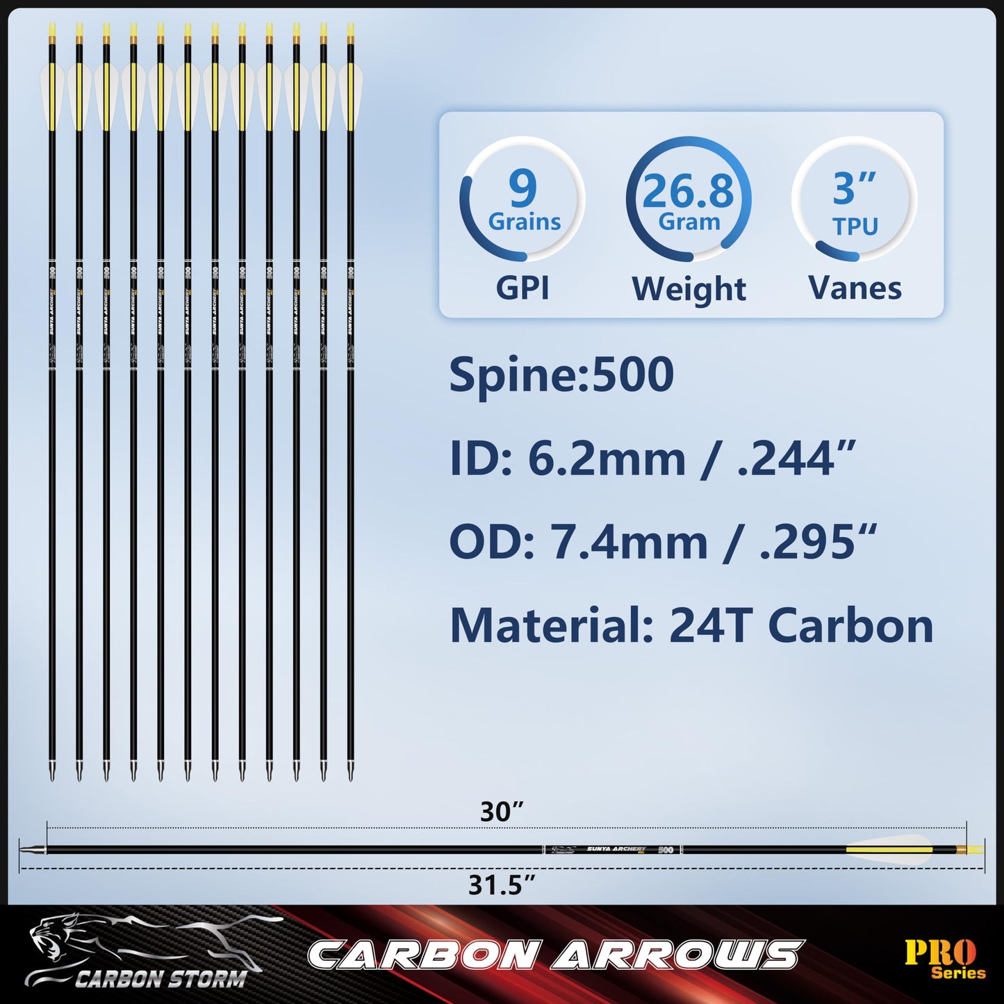 SUNYA Archery Compound Bow Arrows 12pcs Set. 30" Carbon Shaft, Spine 400 or 500 with Removable Tips
