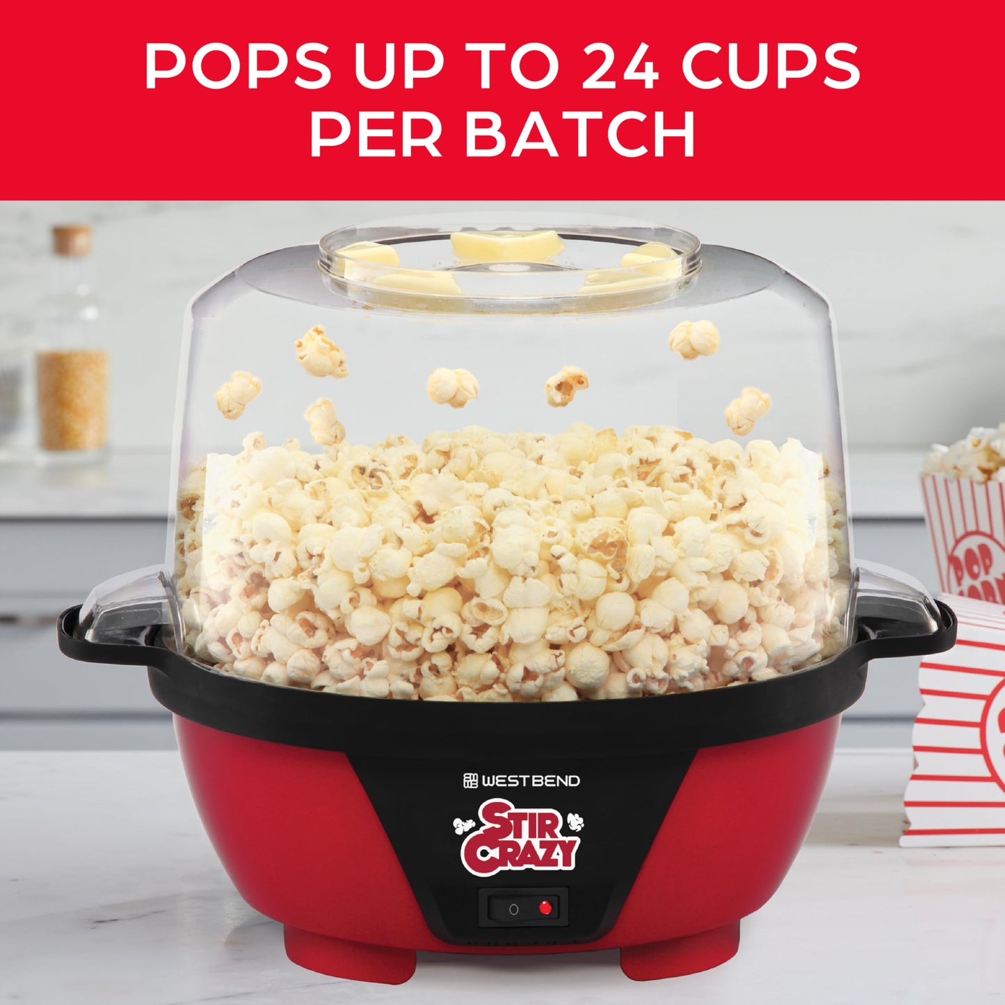 West Bend Stir Crazy Hot Oil Popcorn Popper, Popcorn Maker Machine with Large Serving Bowl Lid and Stirring Rod Perfect for Movie Night Snack Time or Parties, 6-Quart, Red
