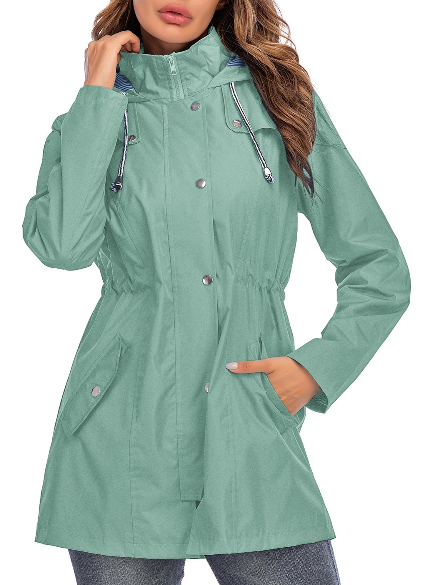 Rain Jacket Women Striped Lined Hooded Lightweight Raincoat Outdoor Waterproof Windbreaker