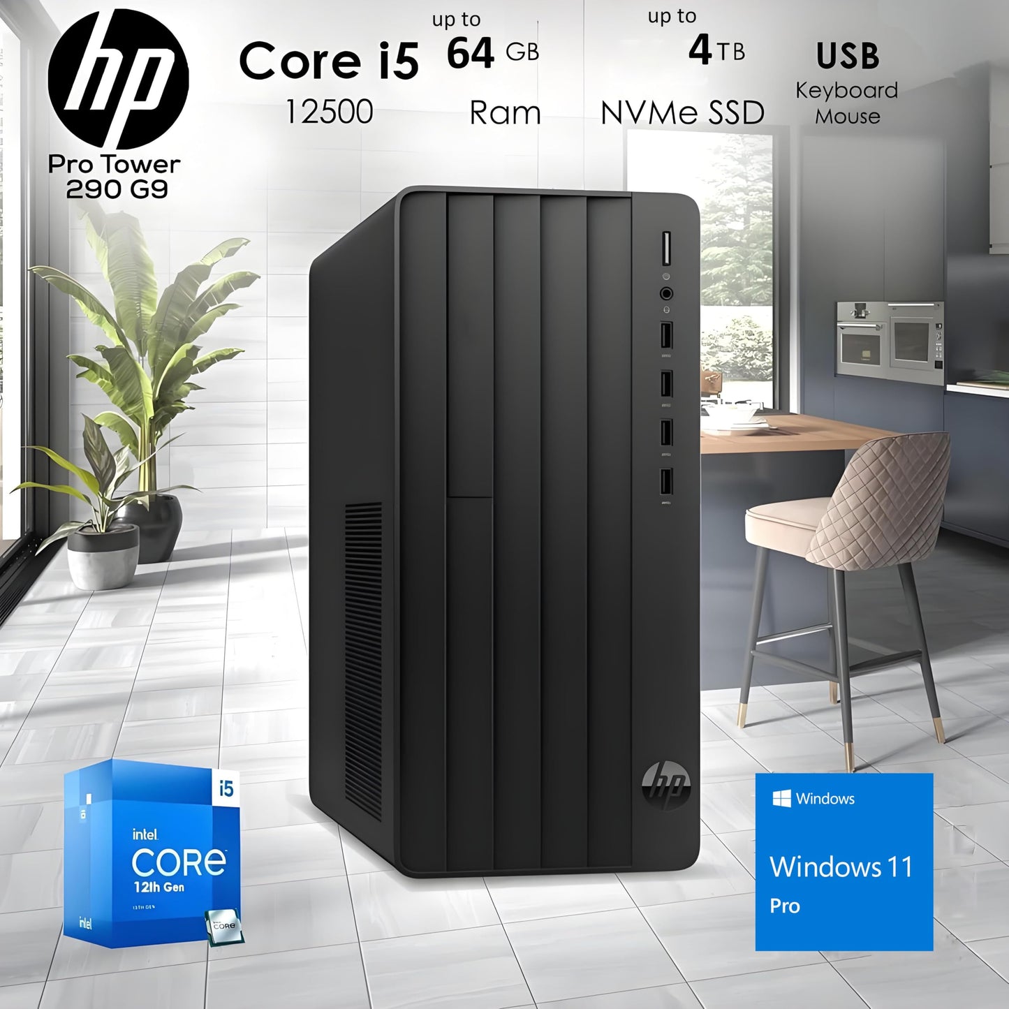 HP Desktop Computers Tower PC for Home Business Student, Intel 6-Core i5-12500 (Beat i7-11700), 64GB DDR4 RAM, 1TB PCIe SSD, WiFi, Bluetooth, RJ-45, Keyboard and Mouse, Windows 11 Pro, Wendbo