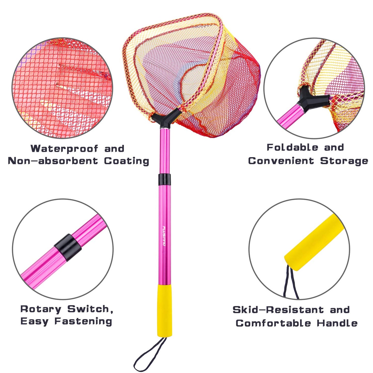 PLUSINNO Kids Fishing Net, Telescopic Lightweight Landing Net with Aluminum Pole Handle and Nylon Mesh, Catch and Release Butterfly Net for Kids Youth Outdoor
