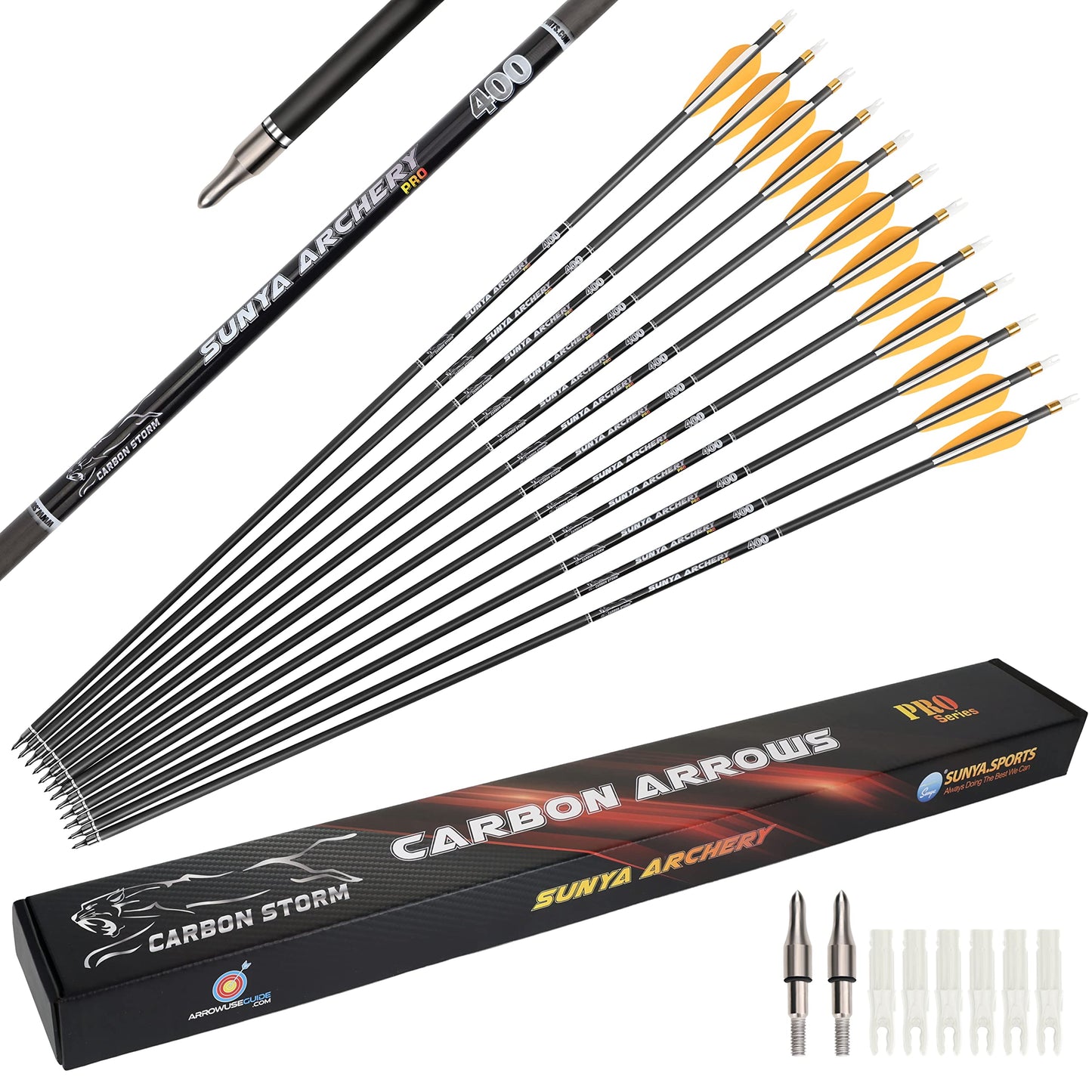 SUNYA Archery Compound Bow Arrows 12pcs Set. 30" Carbon Shaft, Spine 400 or 500 with Removable Tips