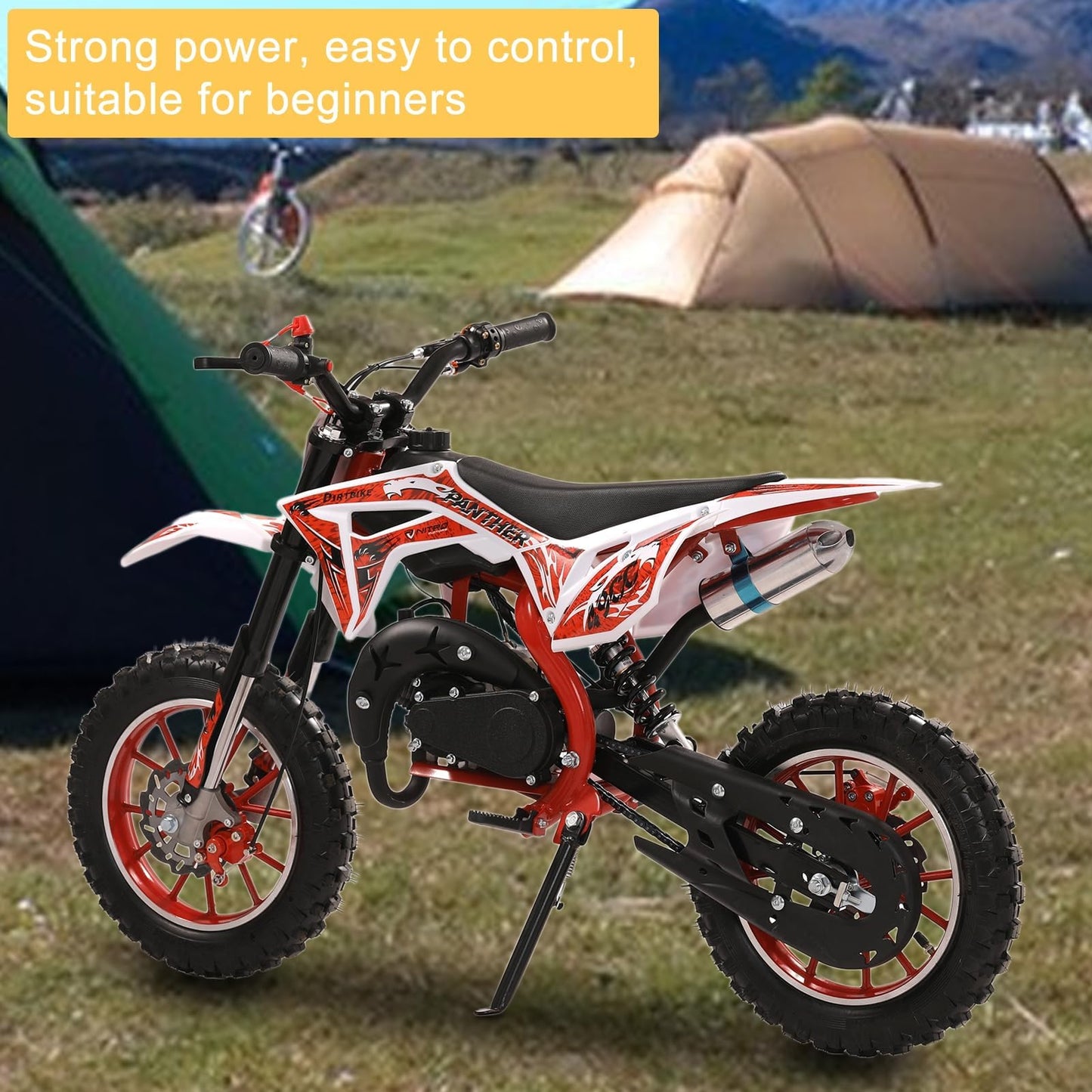 49cc Kids Dirt Bike, Gas Powered 2-Stroke Mini Motocross Motorcycle, Off-Road Dirtbike for Kids 8-14 with Front/Rear Disc Brakes, Shock Absorption, Soft Seat Cushion