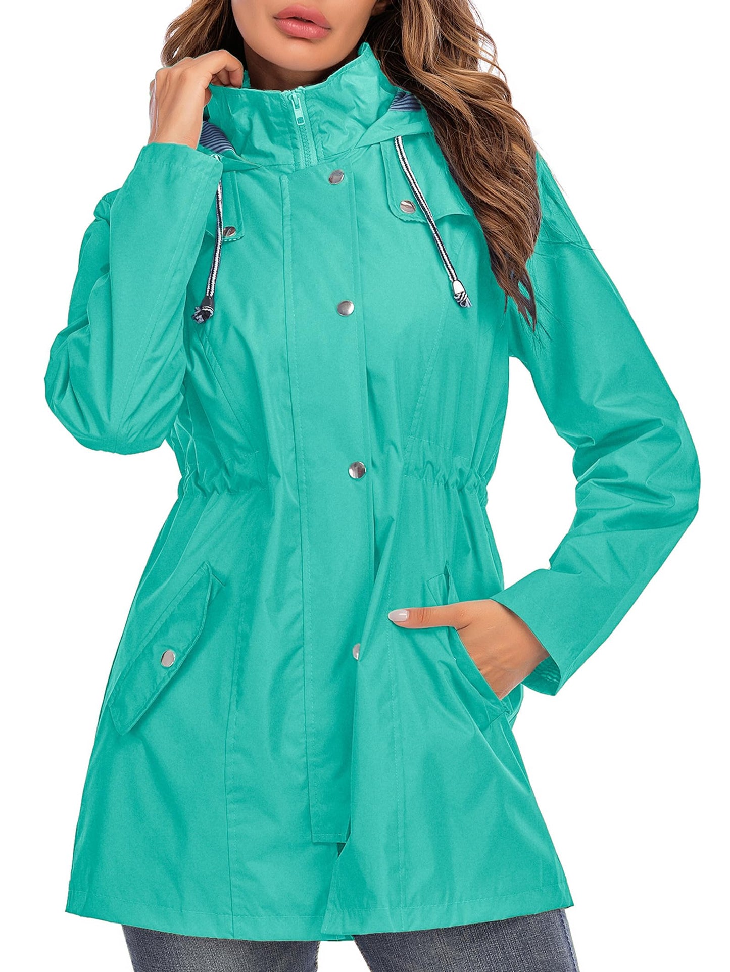 Rain Jacket Women Striped Lined Hooded Lightweight Raincoat Outdoor Waterproof Windbreaker