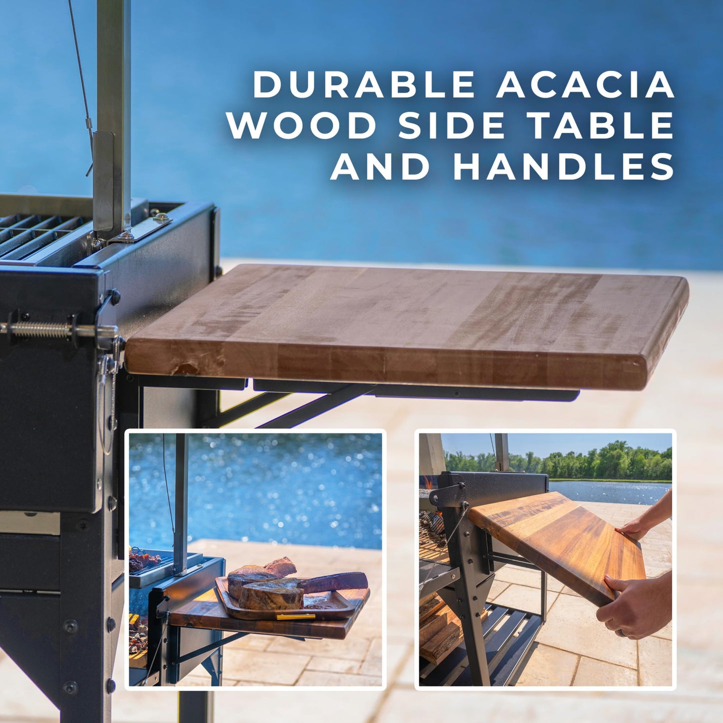 Backyard Discovery Argentine Santa Maria Wood Fire & Charcoal BBQ Grill with Brasero, Adjustable Grill Grates, Fire Bricks, Heavy-Duty Steel, S-Hooks, Acacia Wood Table for Outdoor Gaucho Grilling