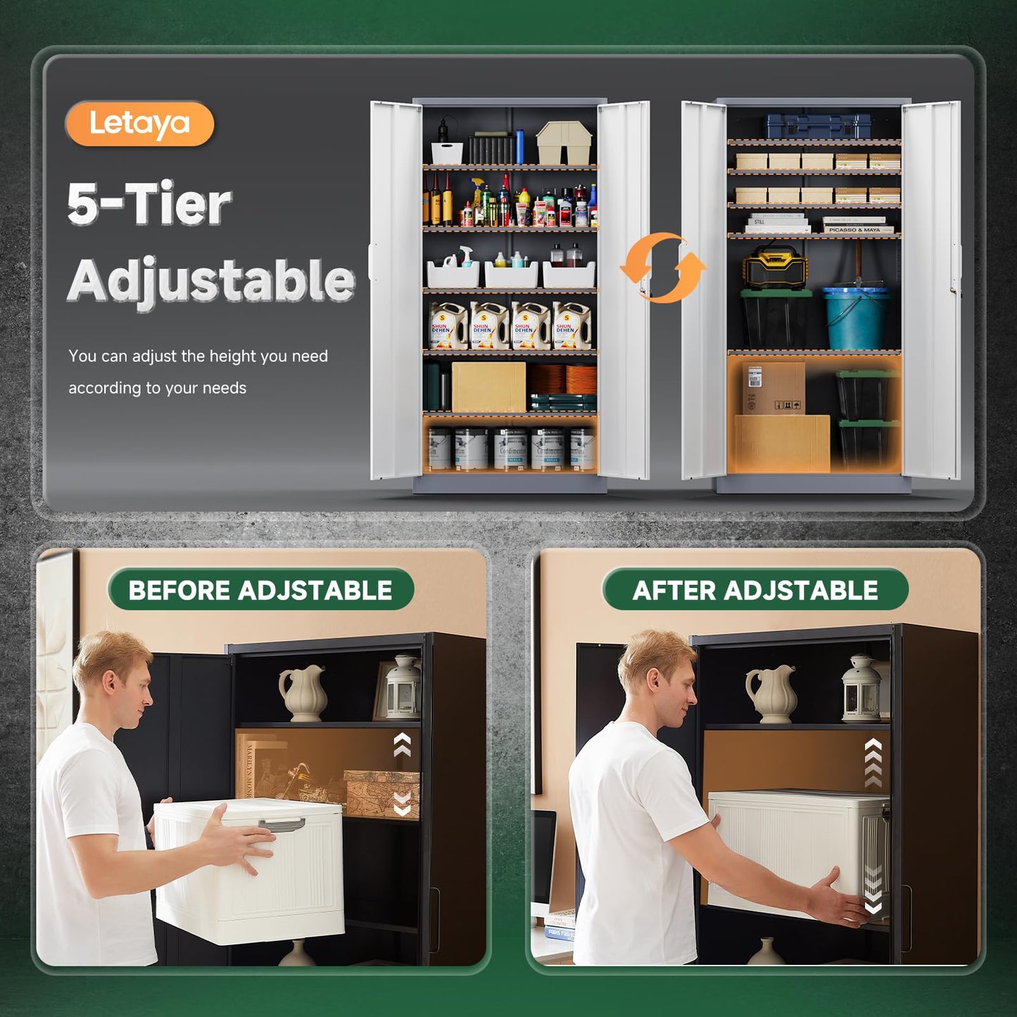 Letaya Metal Garage Storage Cabinets with Lock-72 Tall Tool Organizer Steel Lockers, 5 Adjustable Layers Shelves for Home,Office,Warehouse,Garage,(Black-72“)