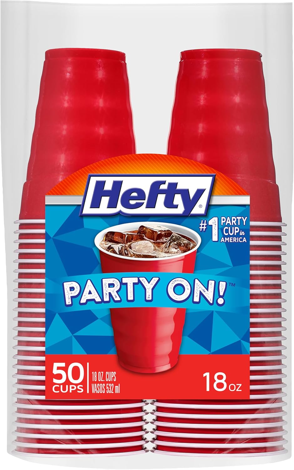 Hefty Party On Red Plastic Cups, Disposable Plastic Party Cups for Easy Cleanup and Large Gatherings, Red Cups for BBQs, Birthdays, Parties, and More, 18 Ounce, 50 Count