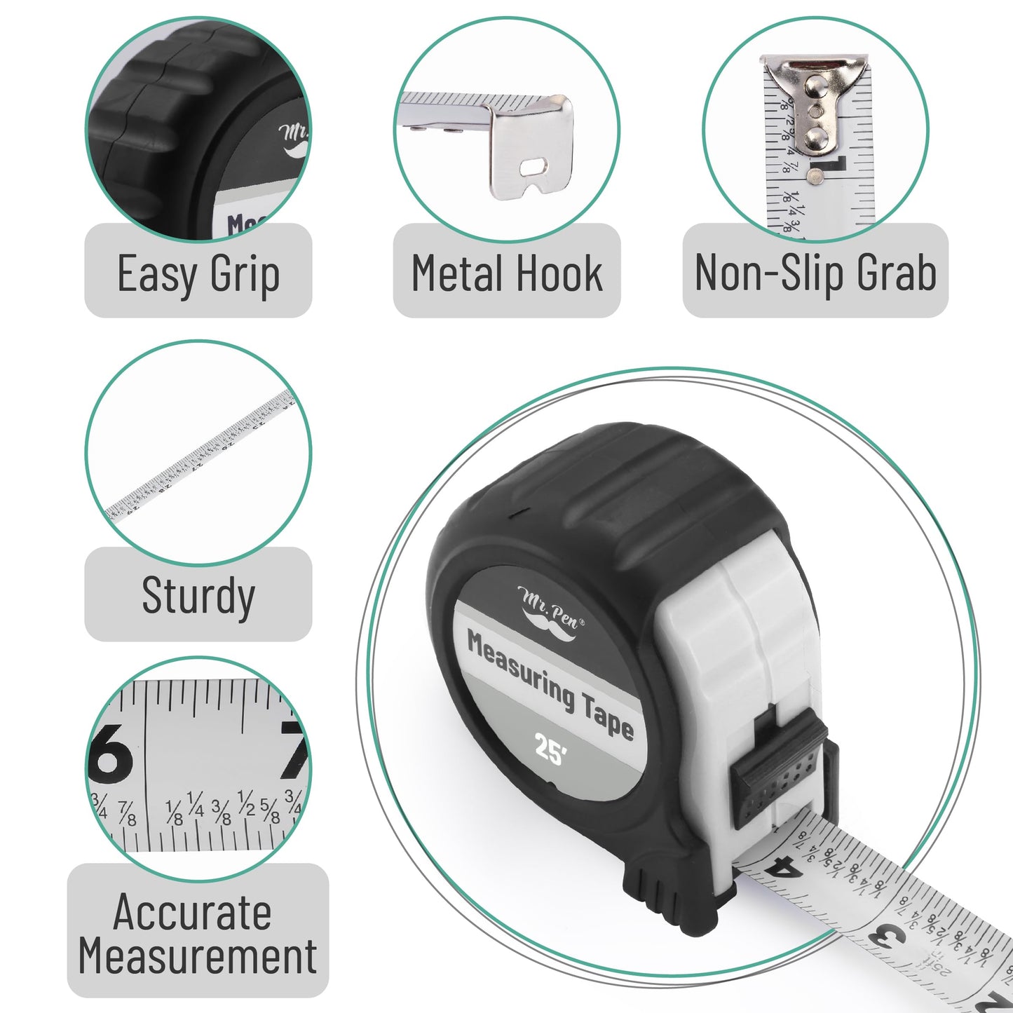 Mr. Pen 25-Foot Steel Retractable Tape Measure with Easy Read Fractions