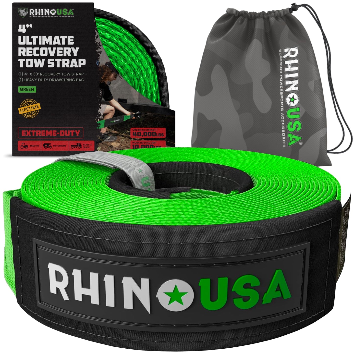 Rhino USA Recovery Tow Strap (3" x 20') - 31,518lb Break Strength - Emergency Recovery Strap Tow Rope for Truck, UTV, ATV & More - Heavy Duty Towing Strap for Offroad 4x4 Use - Compatible with Jeep