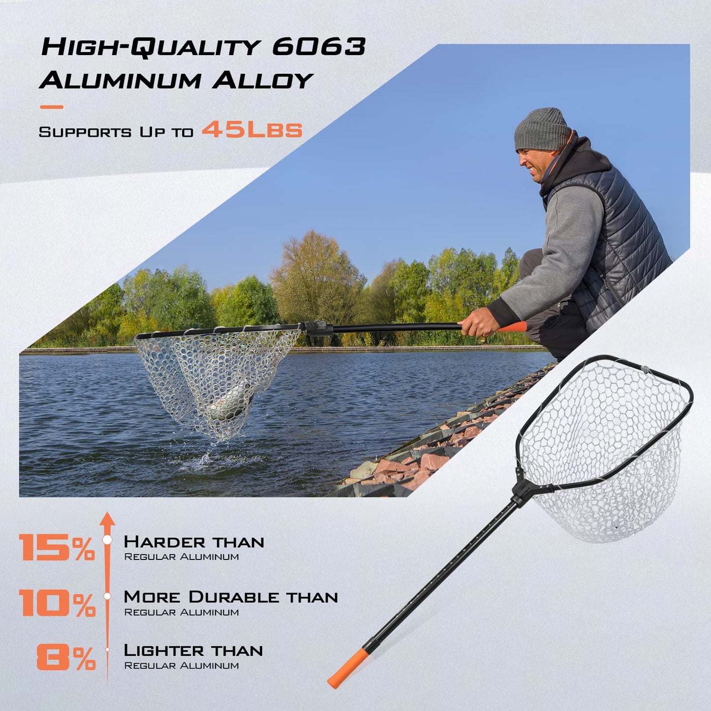 KastKing Brutus Fishing Net, Foldable Extendable Fish Landing Net, Lightweight & Portable Fishing Net with Soft EVA Foam Handle, Holds up to 44lbs/20KG, Fish-Friendly Mesh for a Safe Release