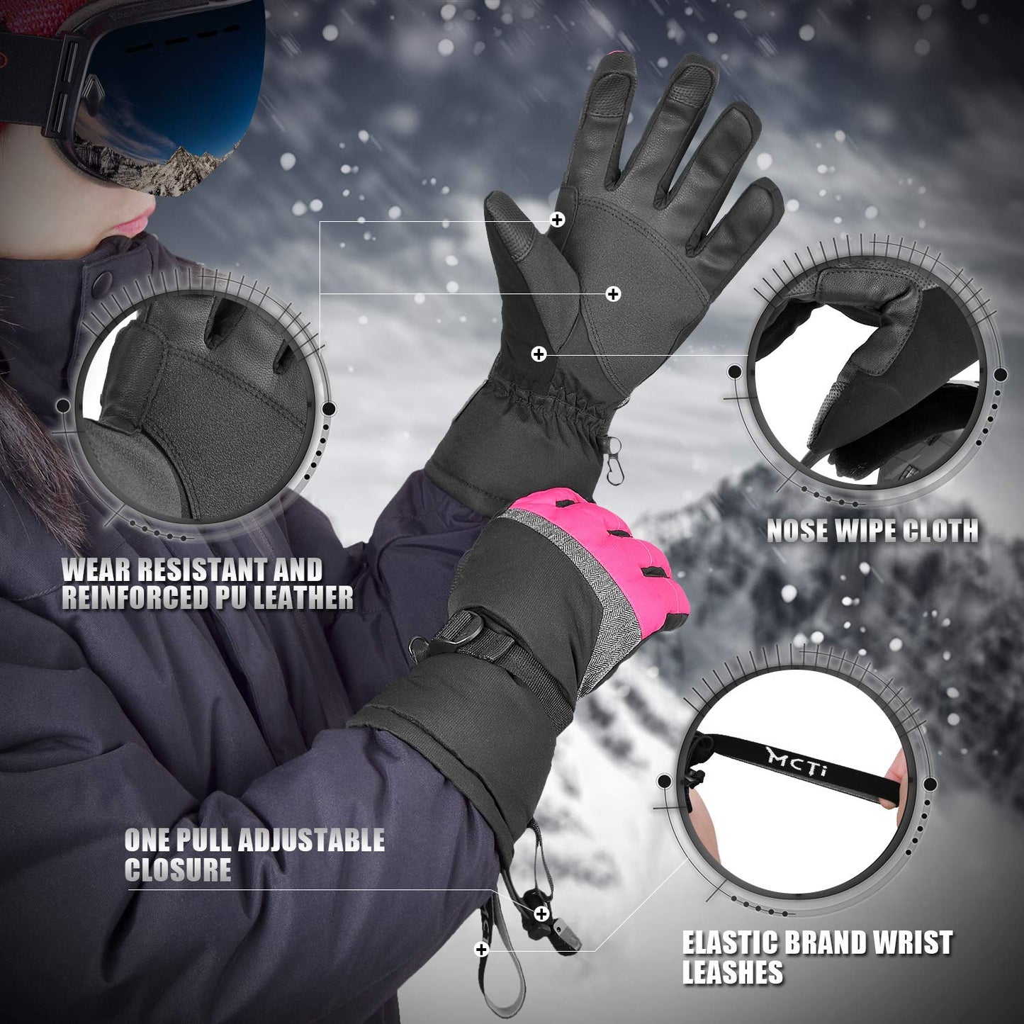 MCTi Ski Gloves,Winter Waterproof Snowboard Snow 3M Thinsulate Warm Touchscreen Cold Weather Women Gloves Wrist Leashes Rose Red Medium