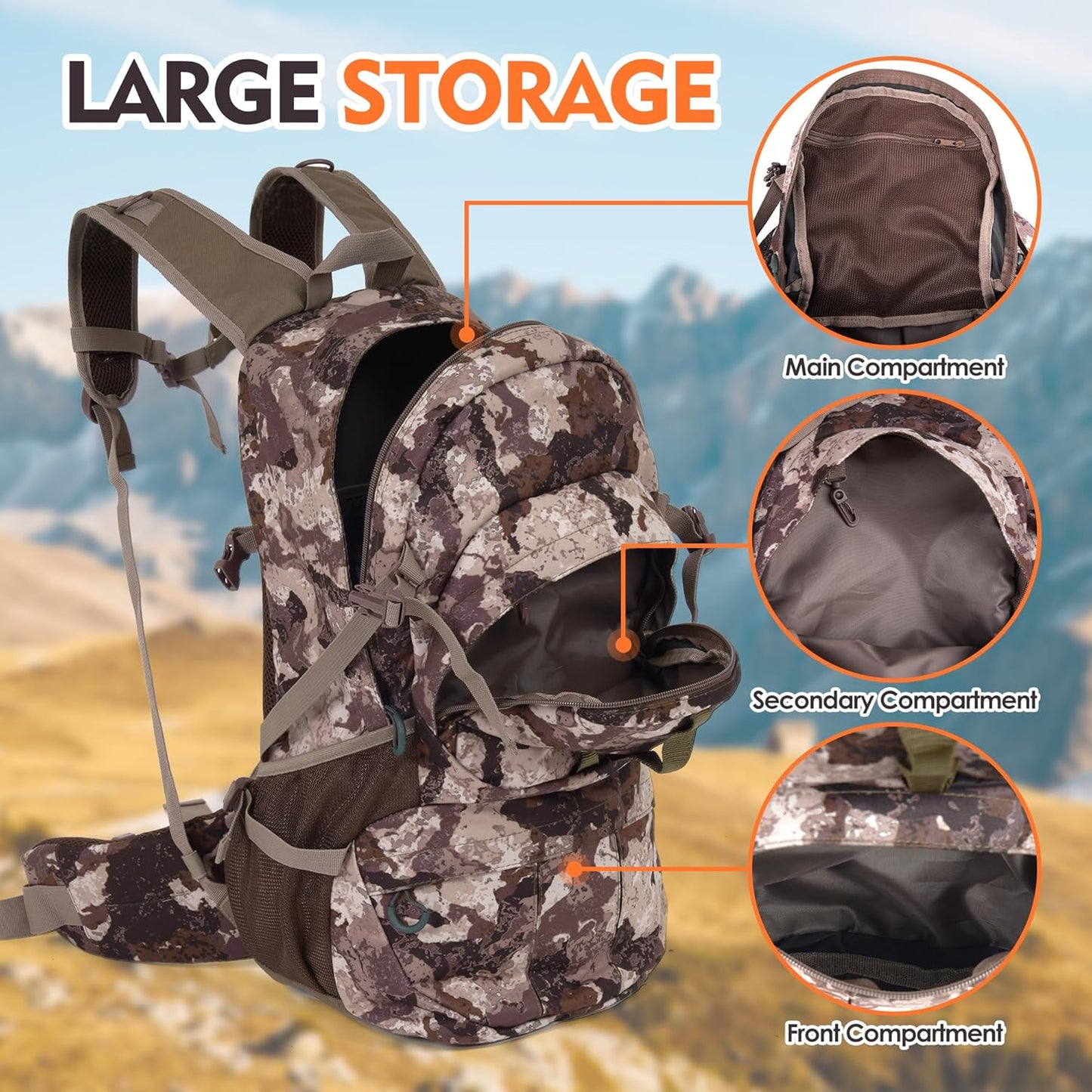 Hunting Backpack, 38L Camouflage Hunting Backpack with Waterproof Rain Cover, Durable Large Capacity Hunting Day Pack for Hiking, Fishing, Shooting