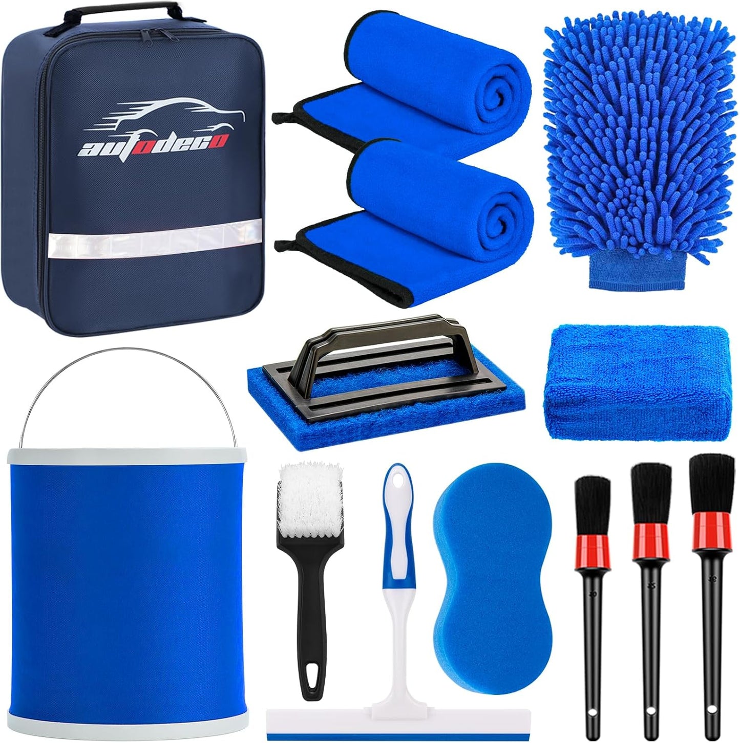 AUTODECO 12Pcs Boat Wash Cleaning Kit with Collapsible Bucket Wash Sponge Mitt Microfiber Towel Squeegee Scrub Pads Brushes Complete Interior Exterior Cleaning Set for Boat