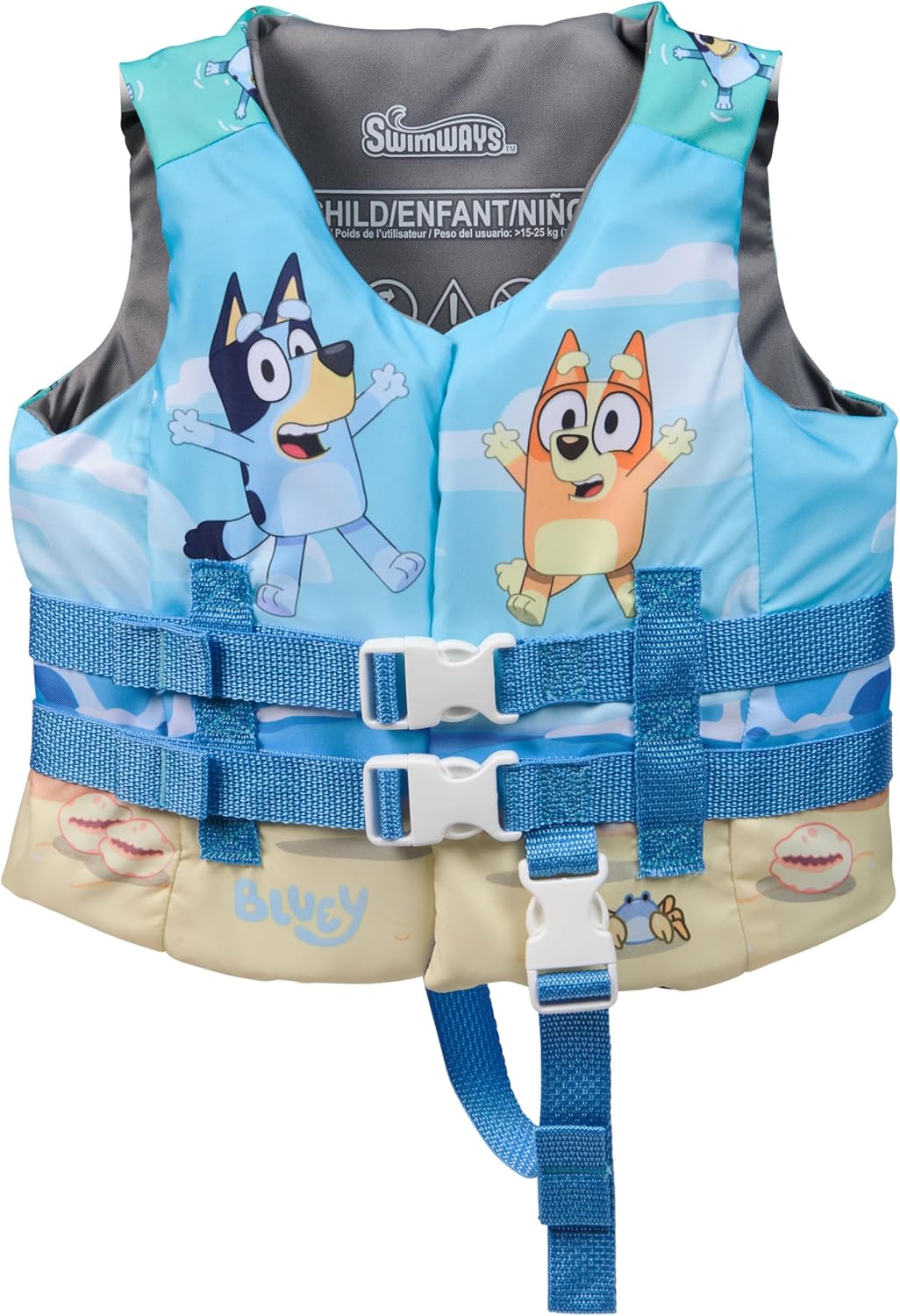 SwimWays Bluey Life Jacket, US Coast Guard Approved Kids Swim Vest, 33-55 lbs, Bluey