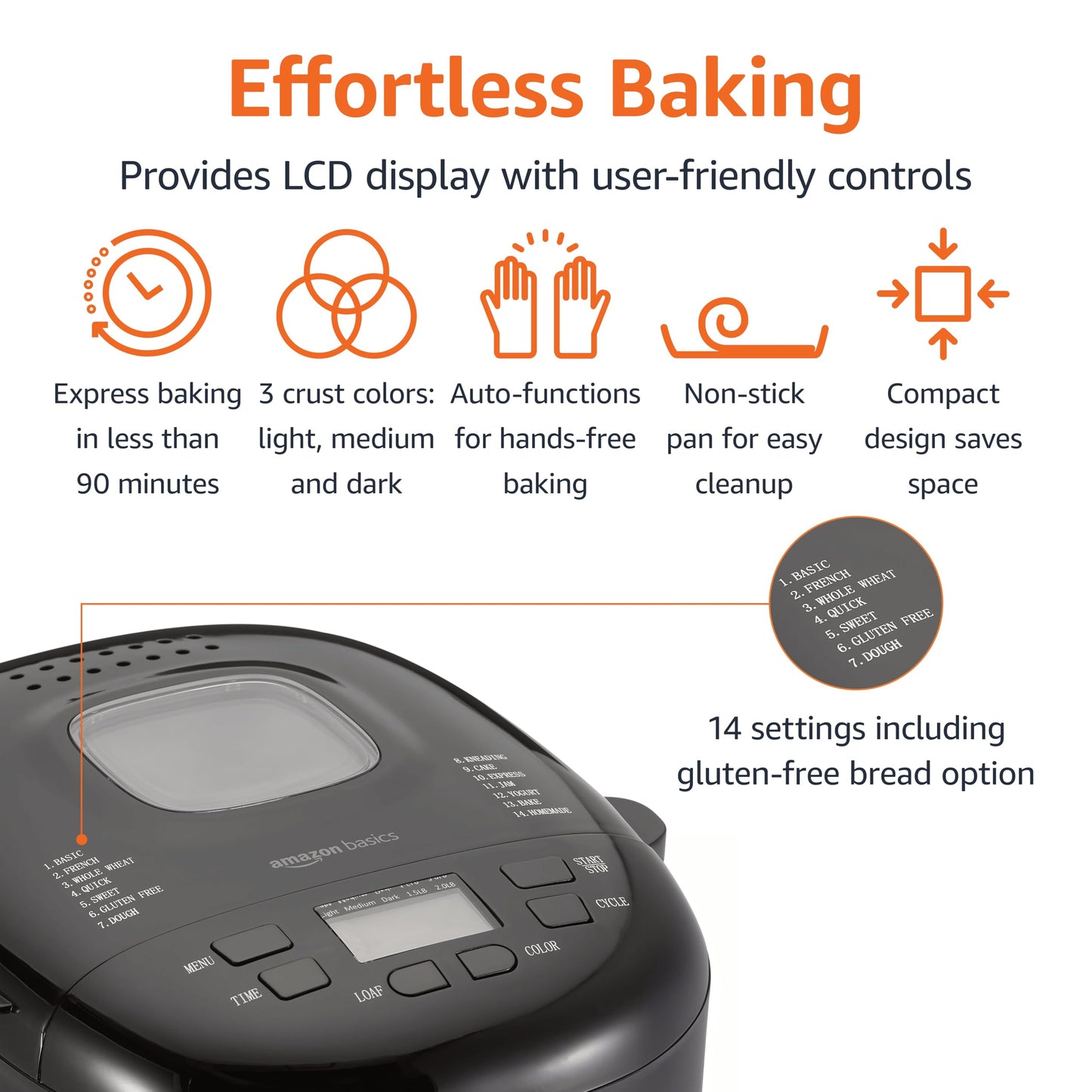 Amazon Basics Programmable Bread Maker, 2 Pound Non-Stick Automatic Bread Making Machine, 14 Settings for Breads, Doughs, Gluten-Free Options and More, LCD Display, White