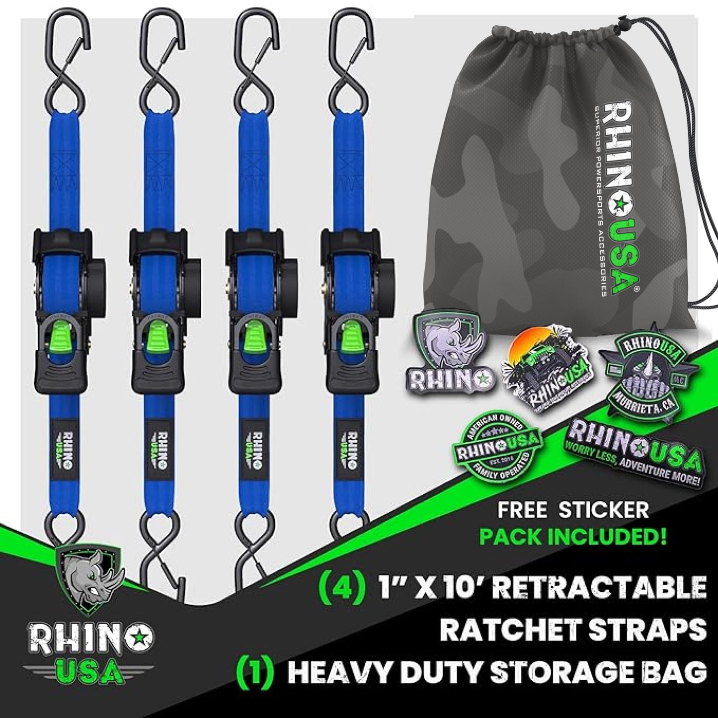 Rhino USA Retractable Ratchet Straps (4-Pack) - 1 Inch x 10 Feet (1,209lb Break Strength) - Heavy Duty Auto Self Retracting Tie Down Straps for Truck, Cargo Trailer, Motorcycle, Rad & More - Black