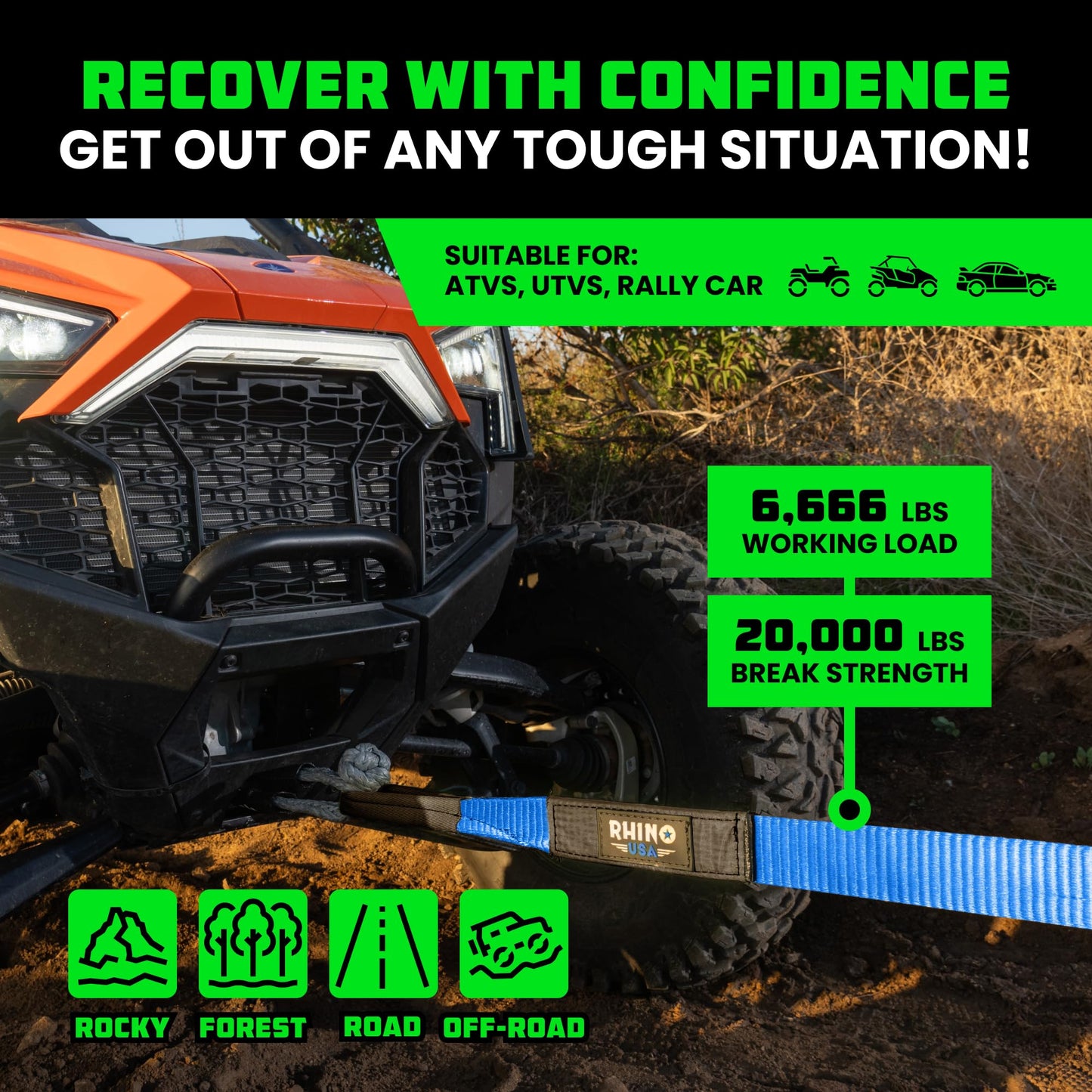 Rhino USA Recovery Tow Strap (3" x 20') - 31,518lb Break Strength - Emergency Recovery Strap Tow Rope for Truck, UTV, ATV & More - Heavy Duty Towing Strap for Offroad 4x4 Use - Compatible with Jeep