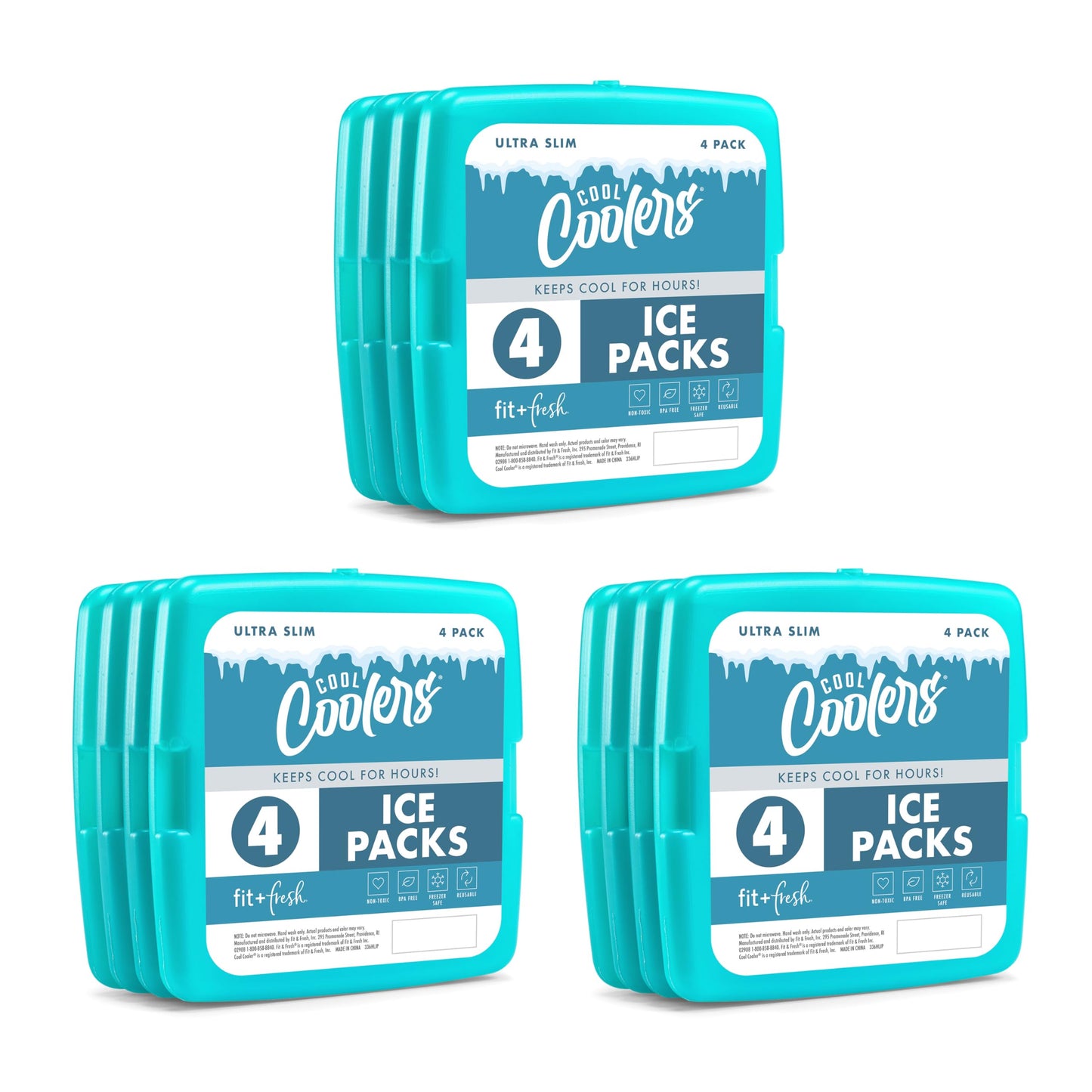 Cool Coolers by Fit & Fresh 4 Pack Slim Ice Packs, Quick Freeze Space Saving Reusable Ice Packs for Lunch Boxes or Coolers, Multi Colored