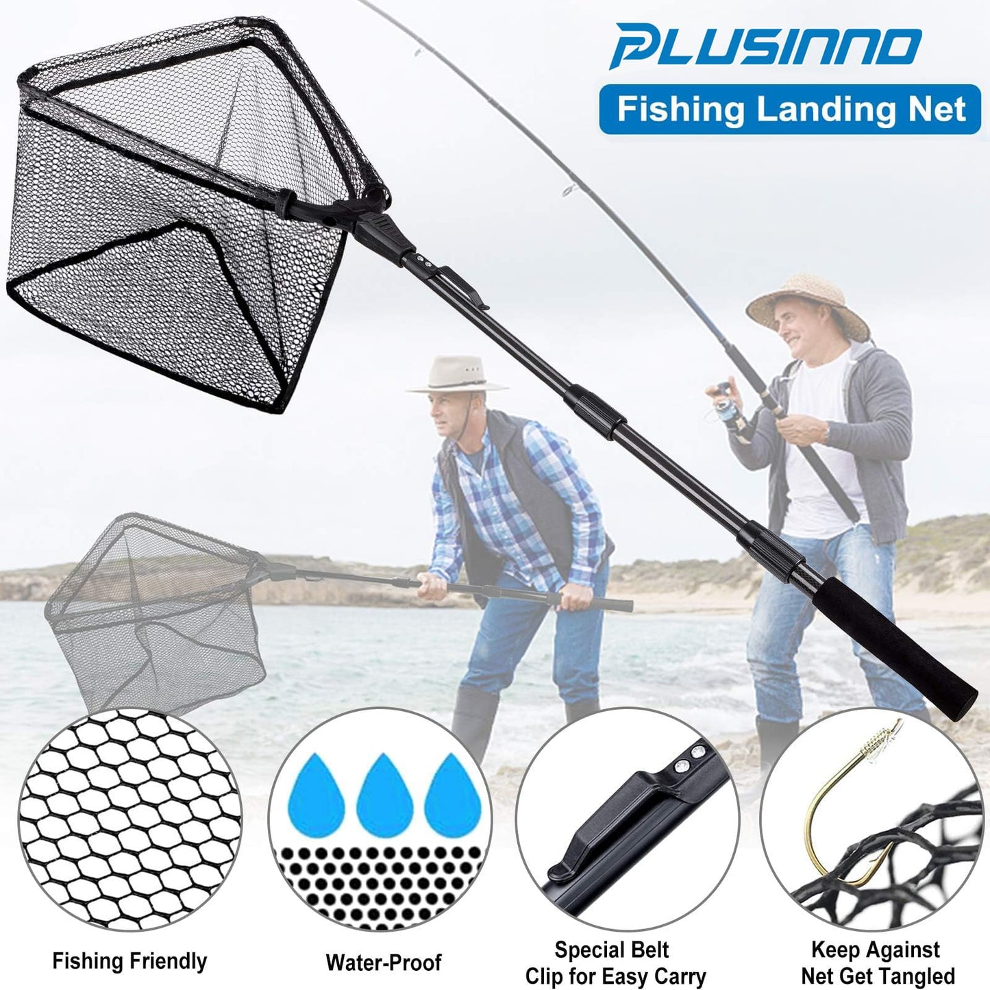 PLUSINNO Fishing Net Fish Landing Net, Foldable Collapsible Telescopic Pole Handle, Durable Nylon Material Mesh, Safe Fish Catching or Releasing