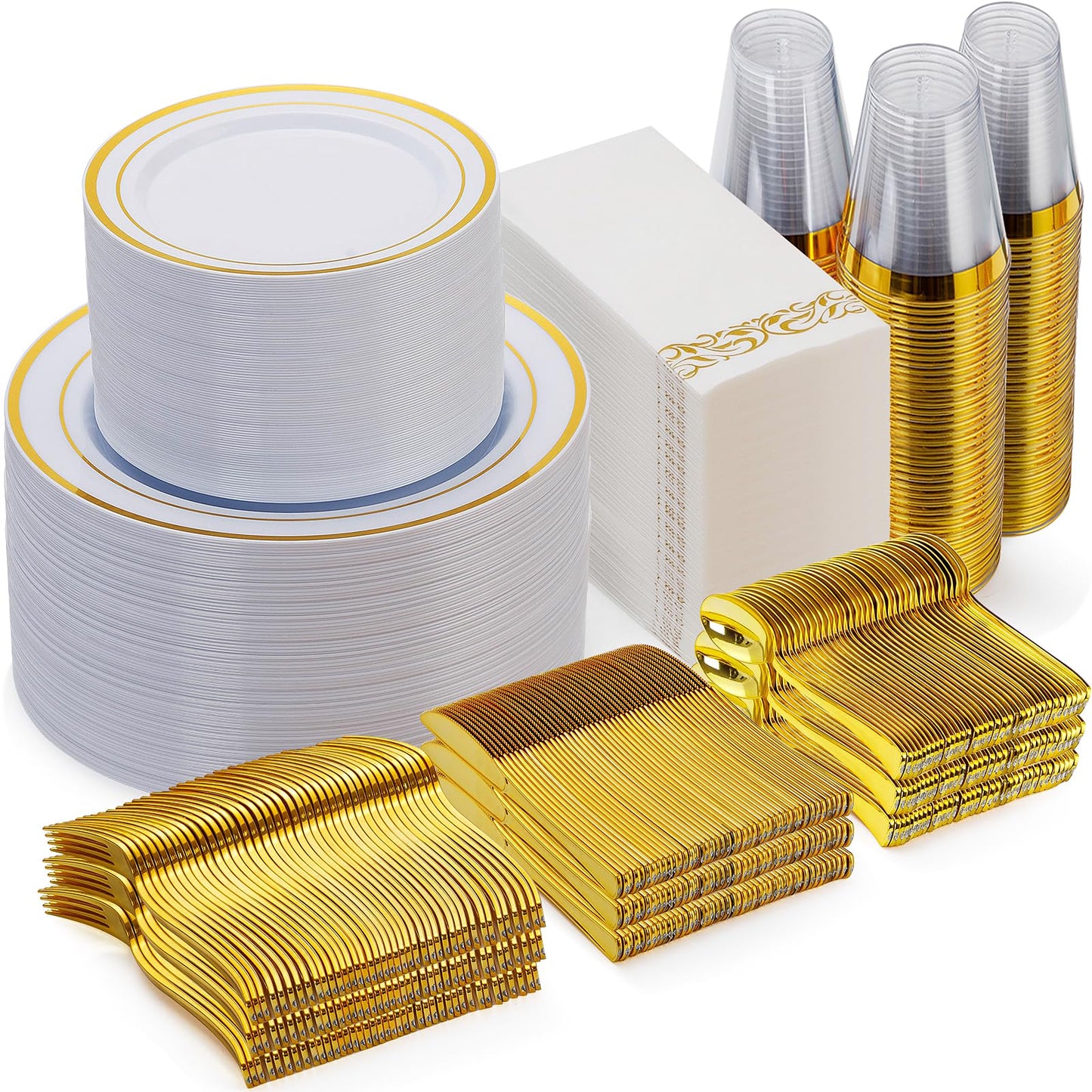 Goodluck 700 Piece Silver Dinnerware Set for 100 Guests, Disposable Plastic Plates for Party, Include: 100 Dinner Plates, 100 Dessert Plates, 100 Paper Napkins, 100 Cups, 100 Silverware set