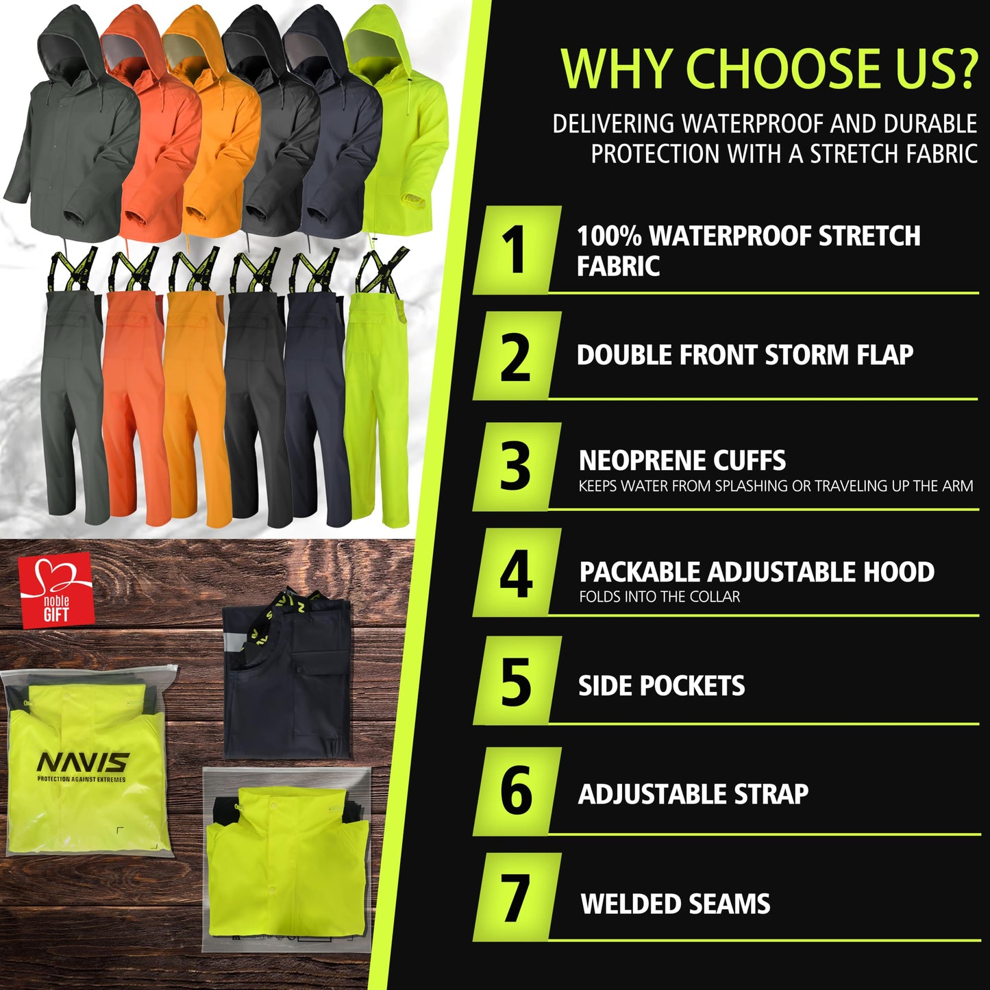 Men's Workwear PRO Rain Suit - Waterproof Jacket and Bib Pants 3-piece Set for Ultimate Safety and Comfort