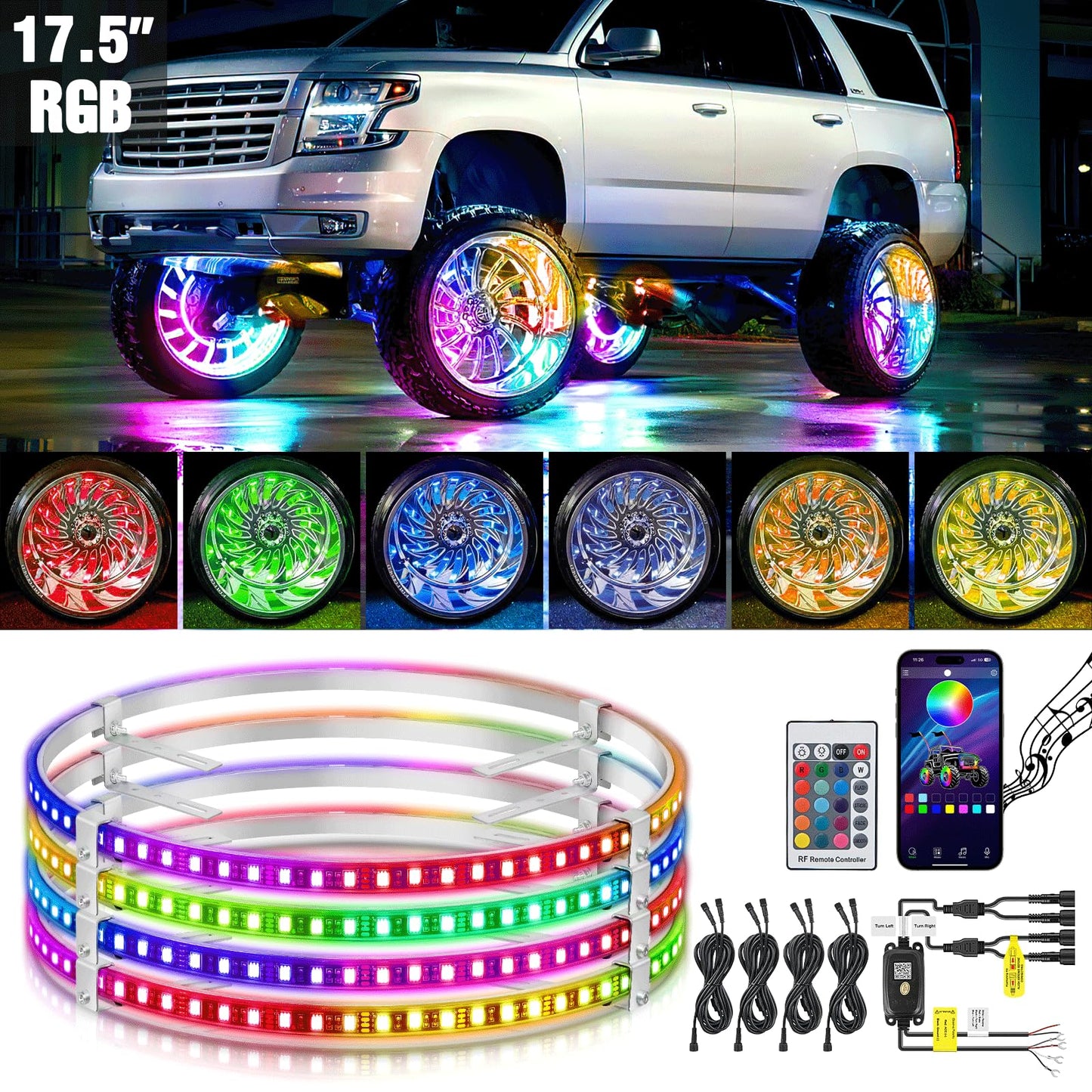 Nilight 4PCS 15.5inch LED Wheel Ring Lights RGB with APP and Remote Control Neon Lights Million Colors w/Turn Signal and Braking Function for Car Van SUV Truck
