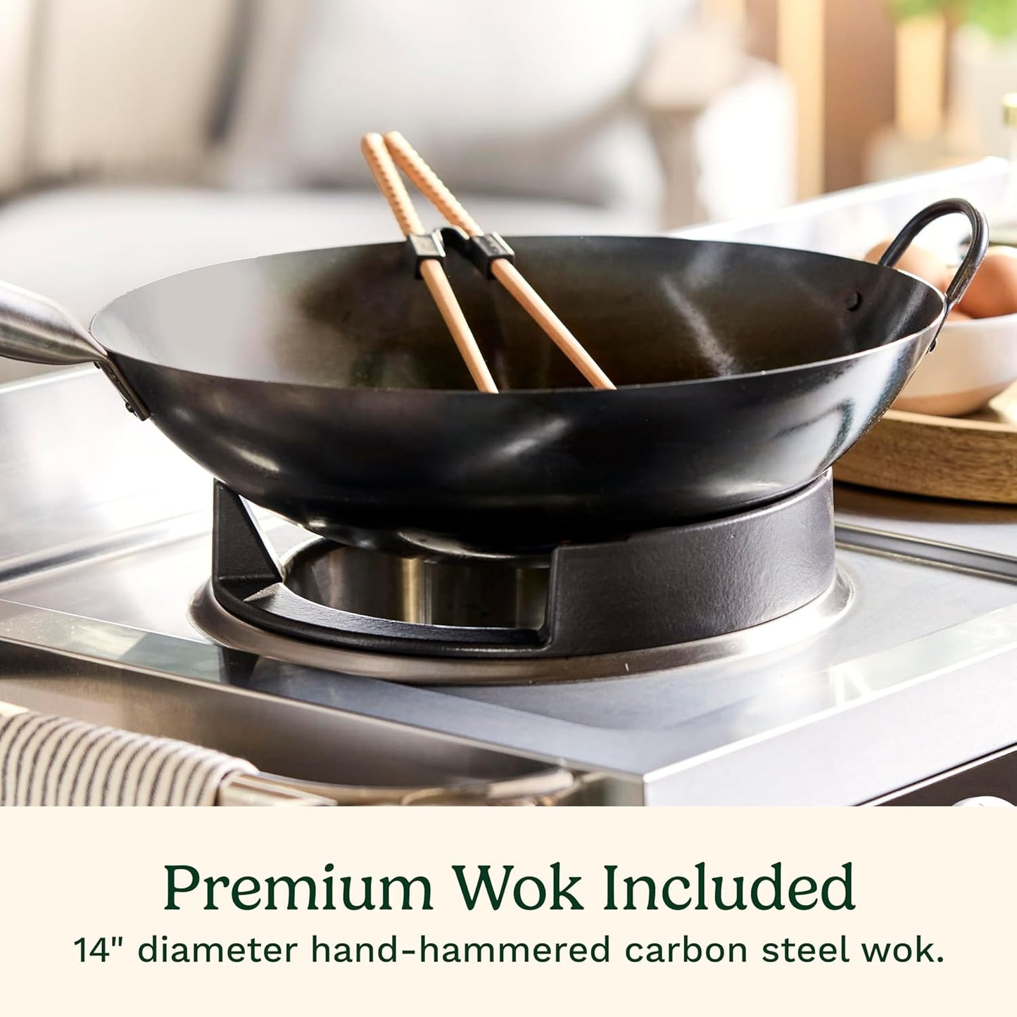 Cuisinart Outdoor Wok Station, 50,000 BTU Propane Outdoor Wok Burner with Prep Table, 14" Carbon Steel Fry Pan, Stainless Steel Side Table, Storage, Outdoor Cooking Station for Stir Fry, Searing, BBQ