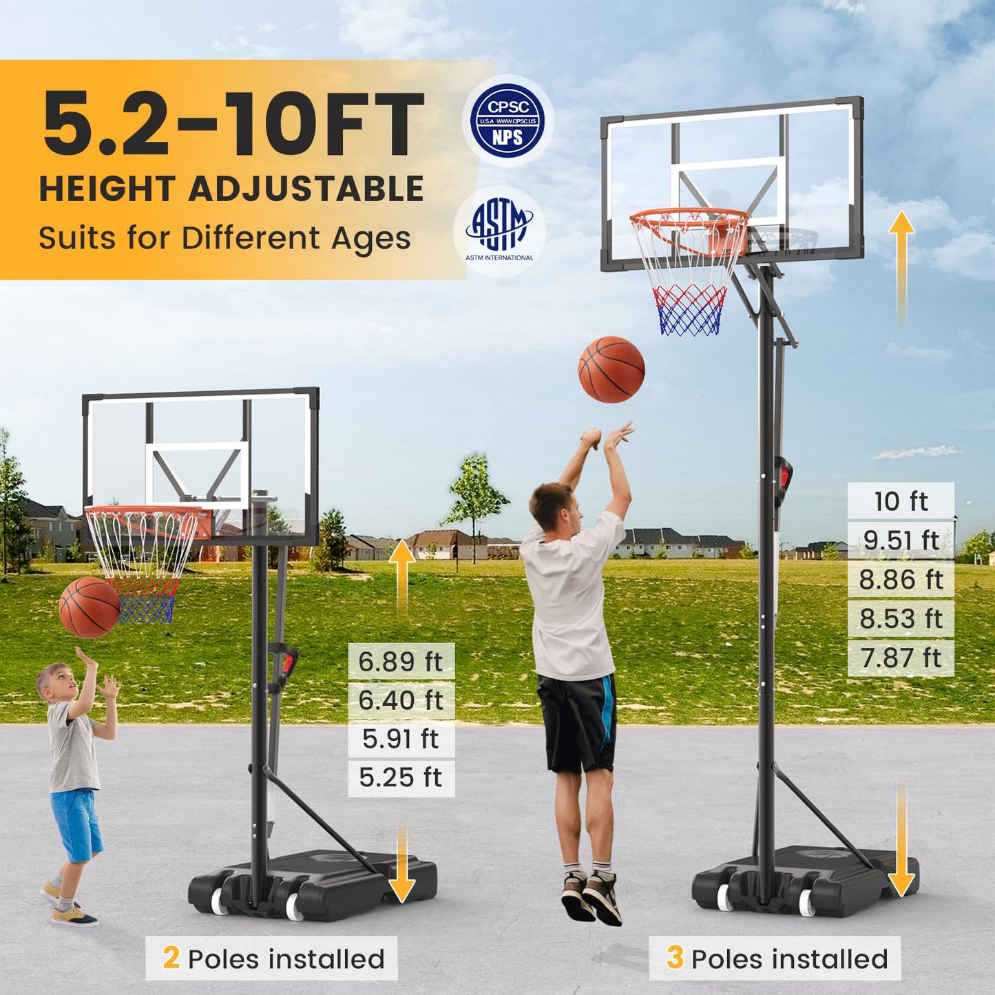 Basketball Hoop Outdoor 10 FT Height Adjustable Basketball Goals Systems Portable with 44" Backboard and Wheels for Youth Adults Kids - Backyard, Driveway, Indoor Play